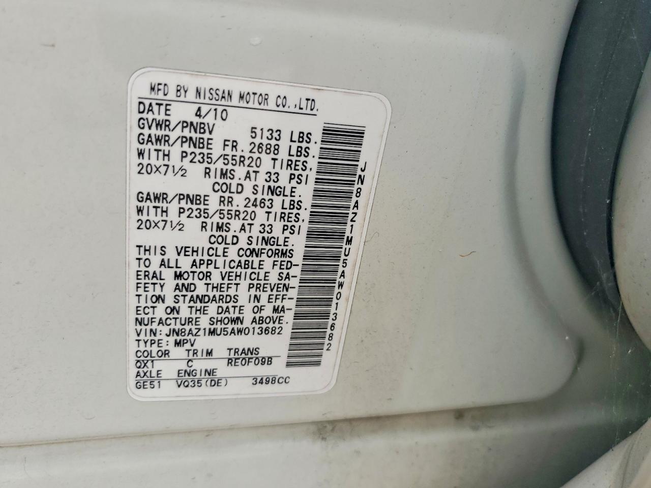 2010 Nissan Murano S White vin: JN8AZ1MU5AW013682