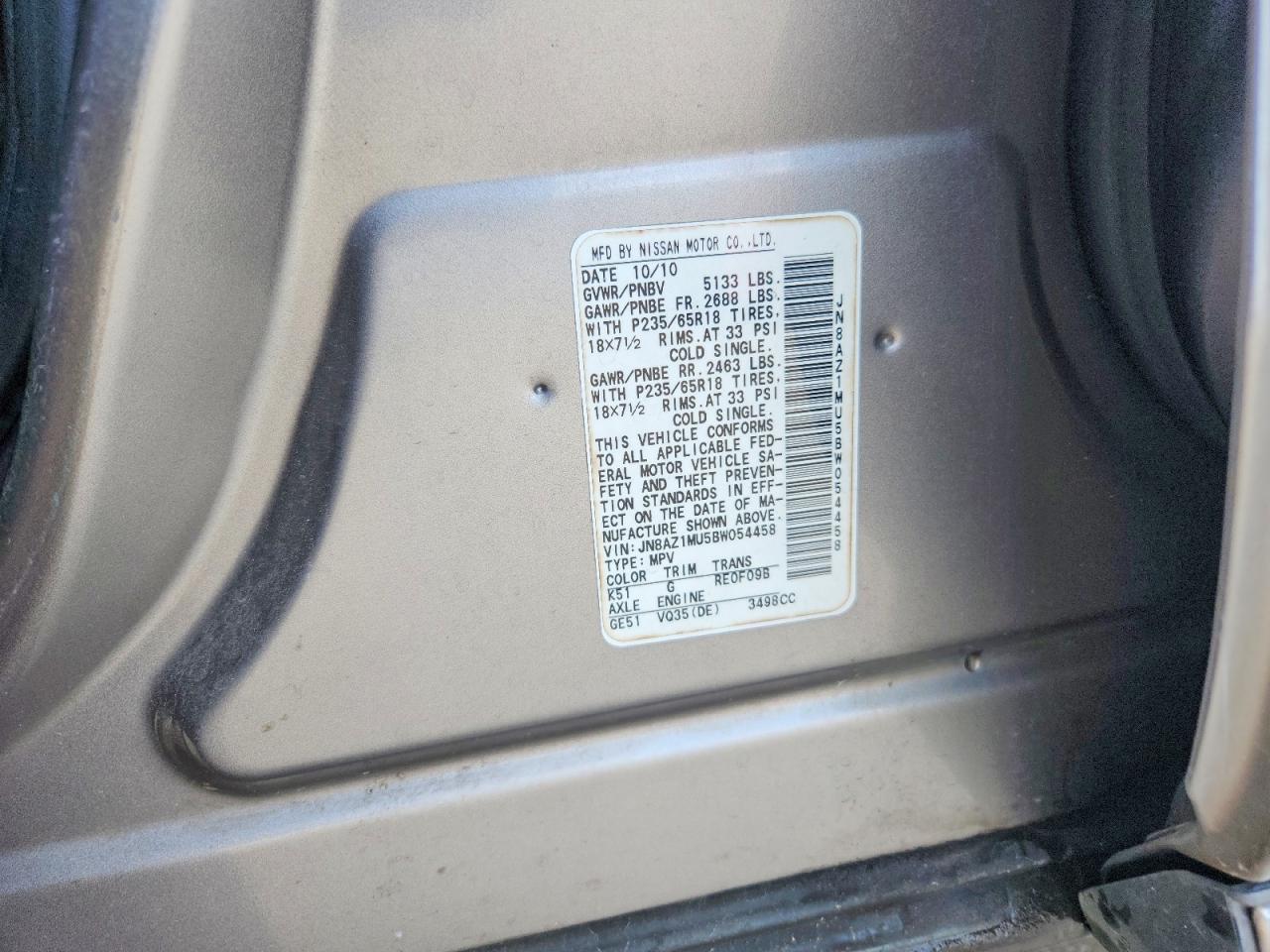 2011 Nissan Murano S Серый vin: JN8AZ1MU5BW054458