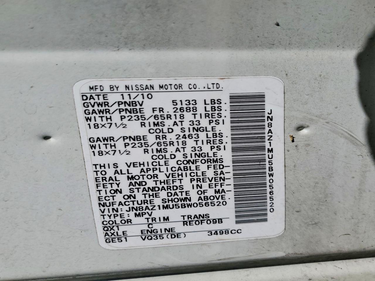 2011 Nissan Murano S White vin: JN8AZ1MU5BW056520