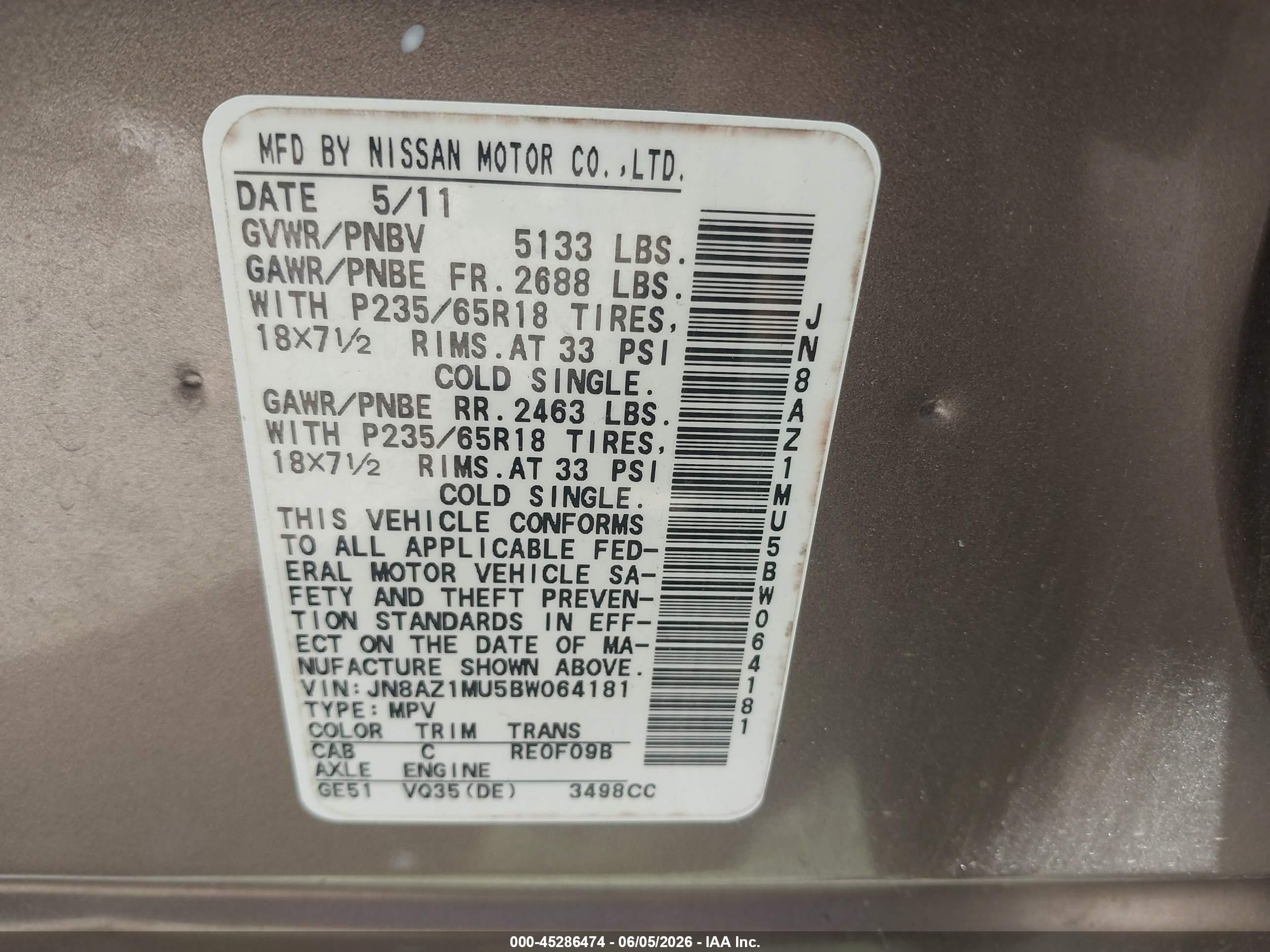 2011 Nissan Murano Sv Gray vin: JN8AZ1MU5BW064181
