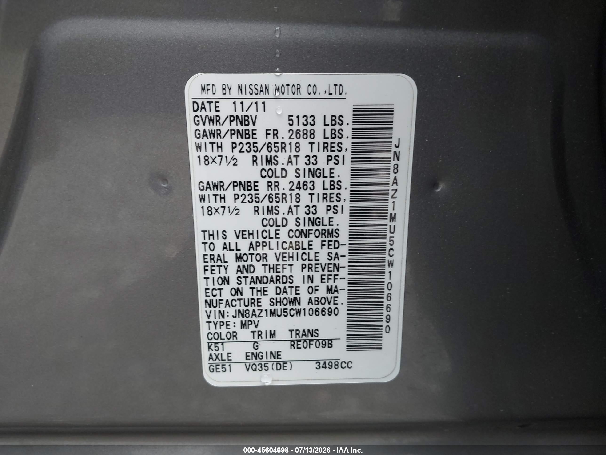 2012 Nissan Murano Sl Gray vin: JN8AZ1MU5CW106690