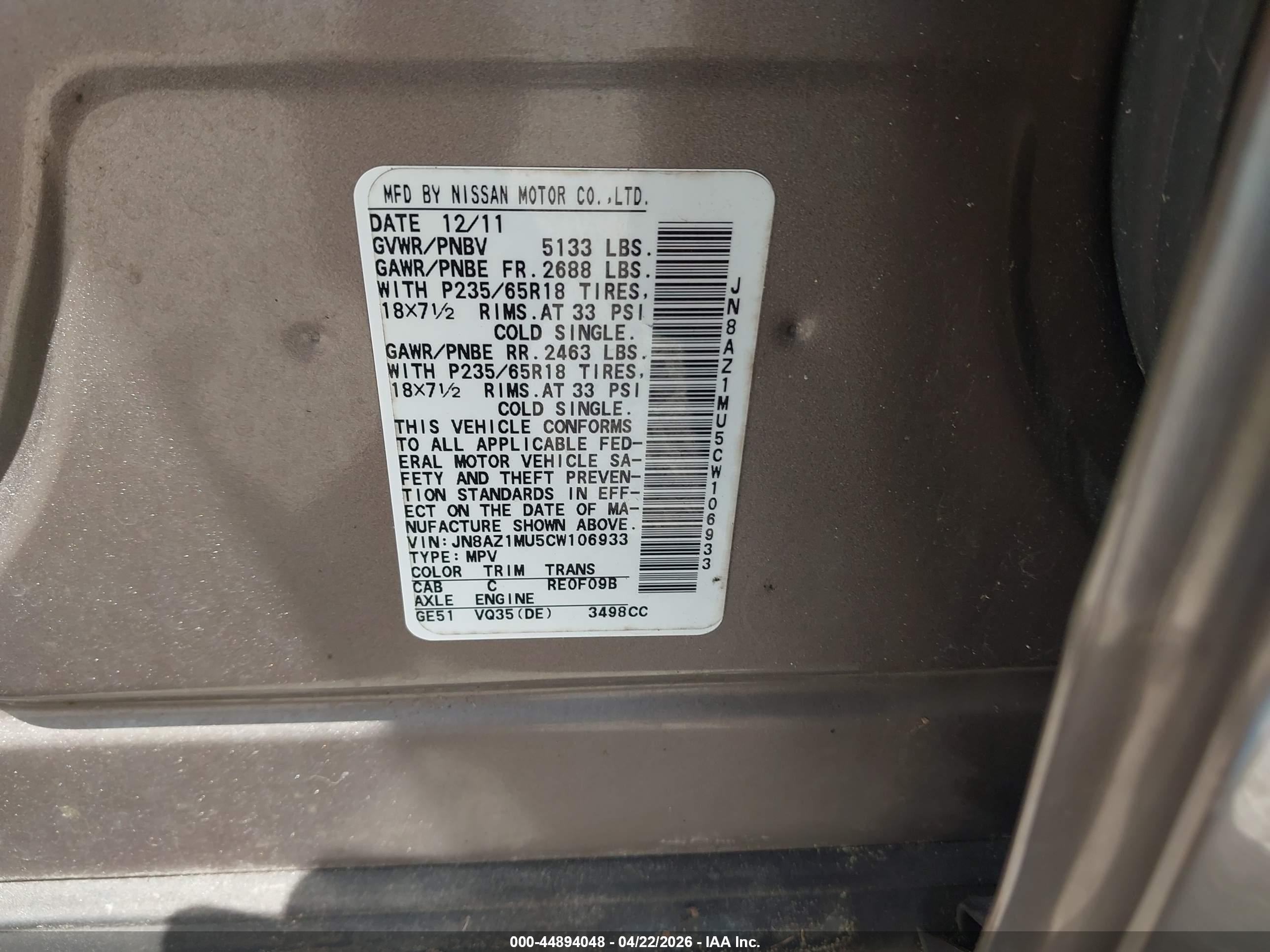 2012 Nissan Murano S Brown vin: JN8AZ1MU5CW106933