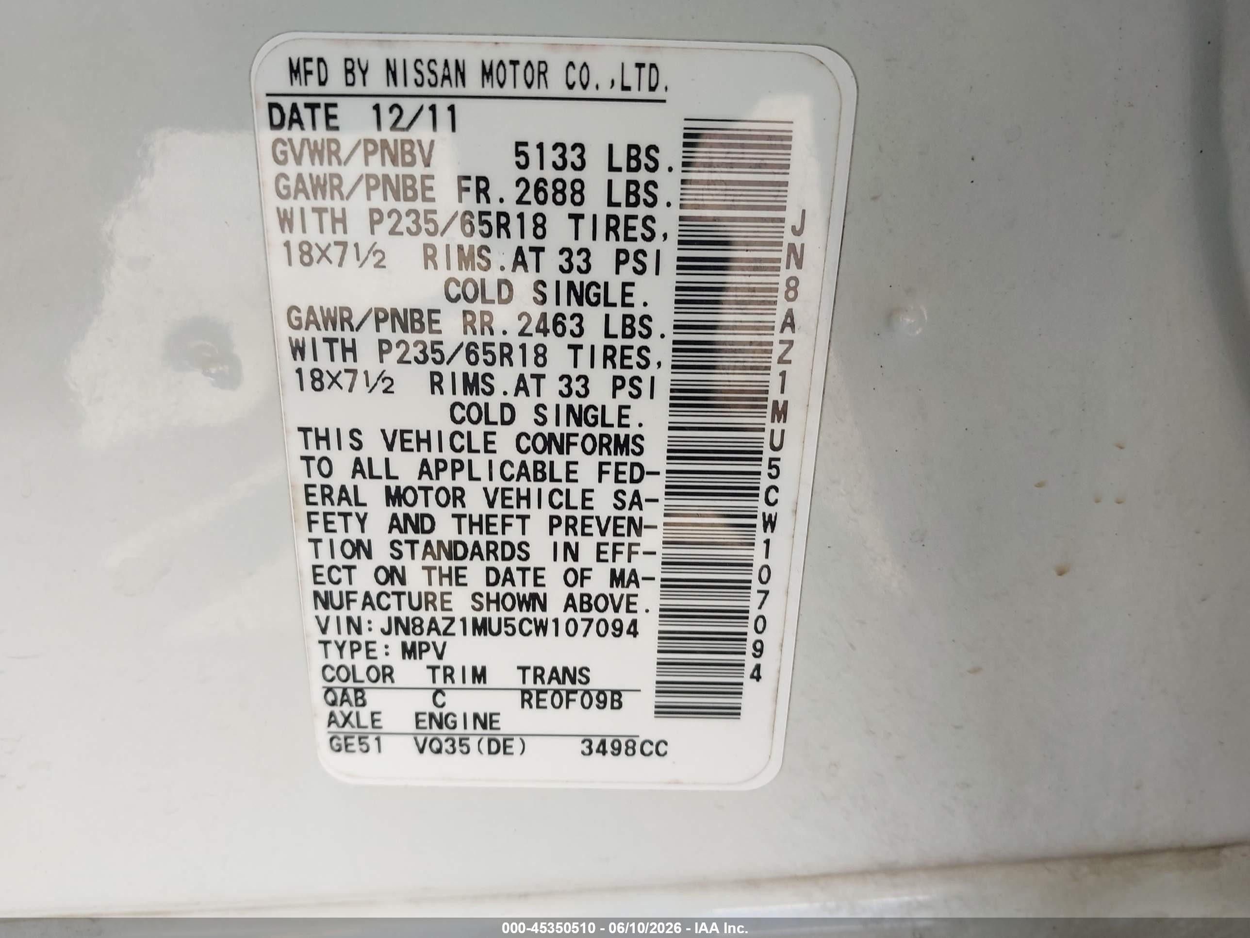2012 Nissan Murano Sv White vin: JN8AZ1MU5CW107094