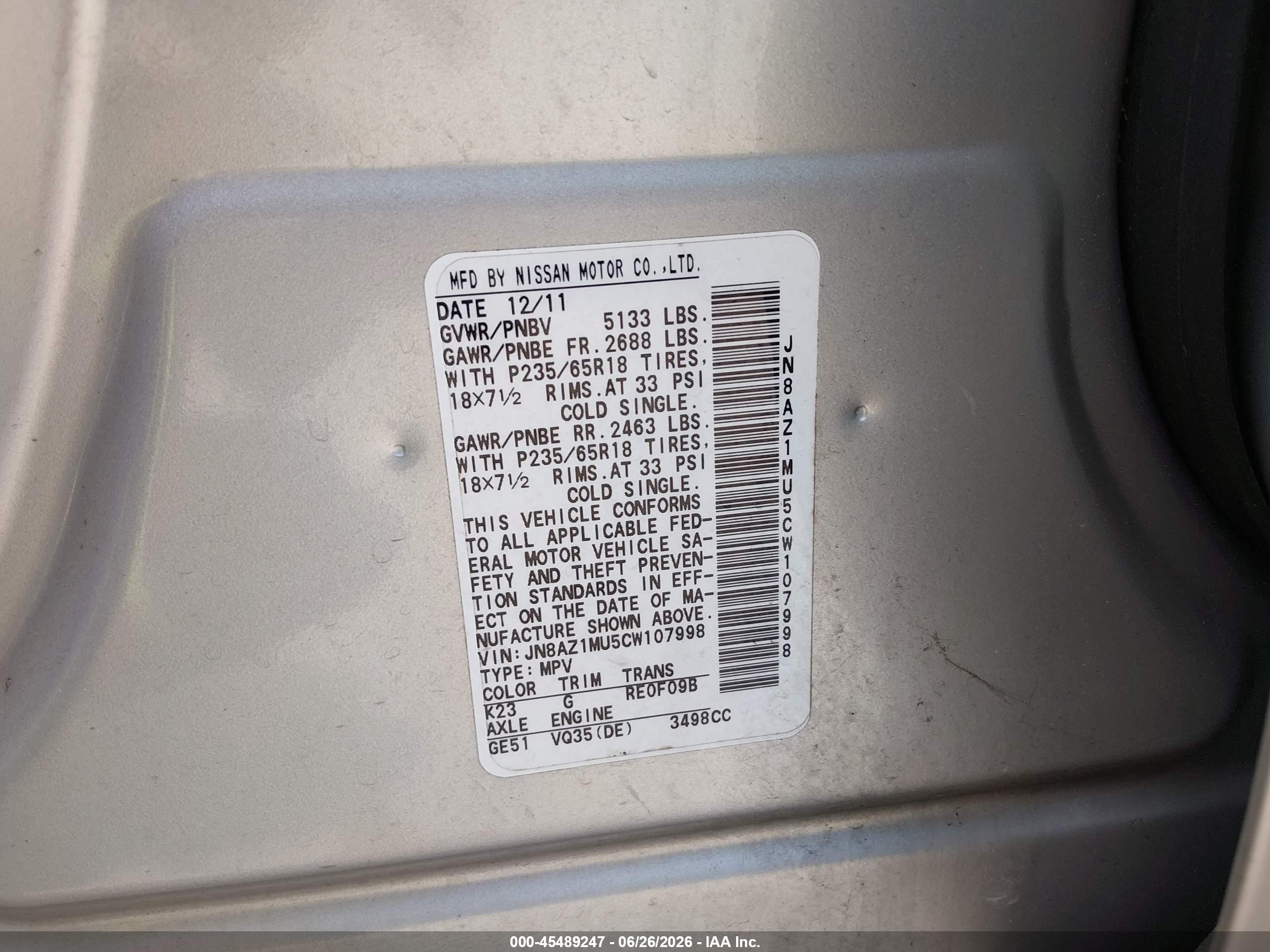 2012 Nissan Murano S Silver vin: JN8AZ1MU5CW107998