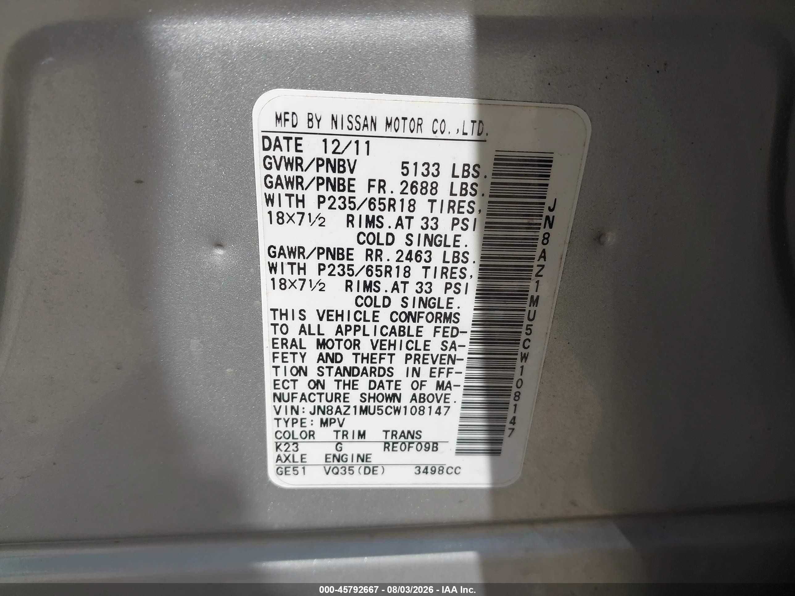 2012 Nissan Murano S Silver vin: JN8AZ1MU5CW108147