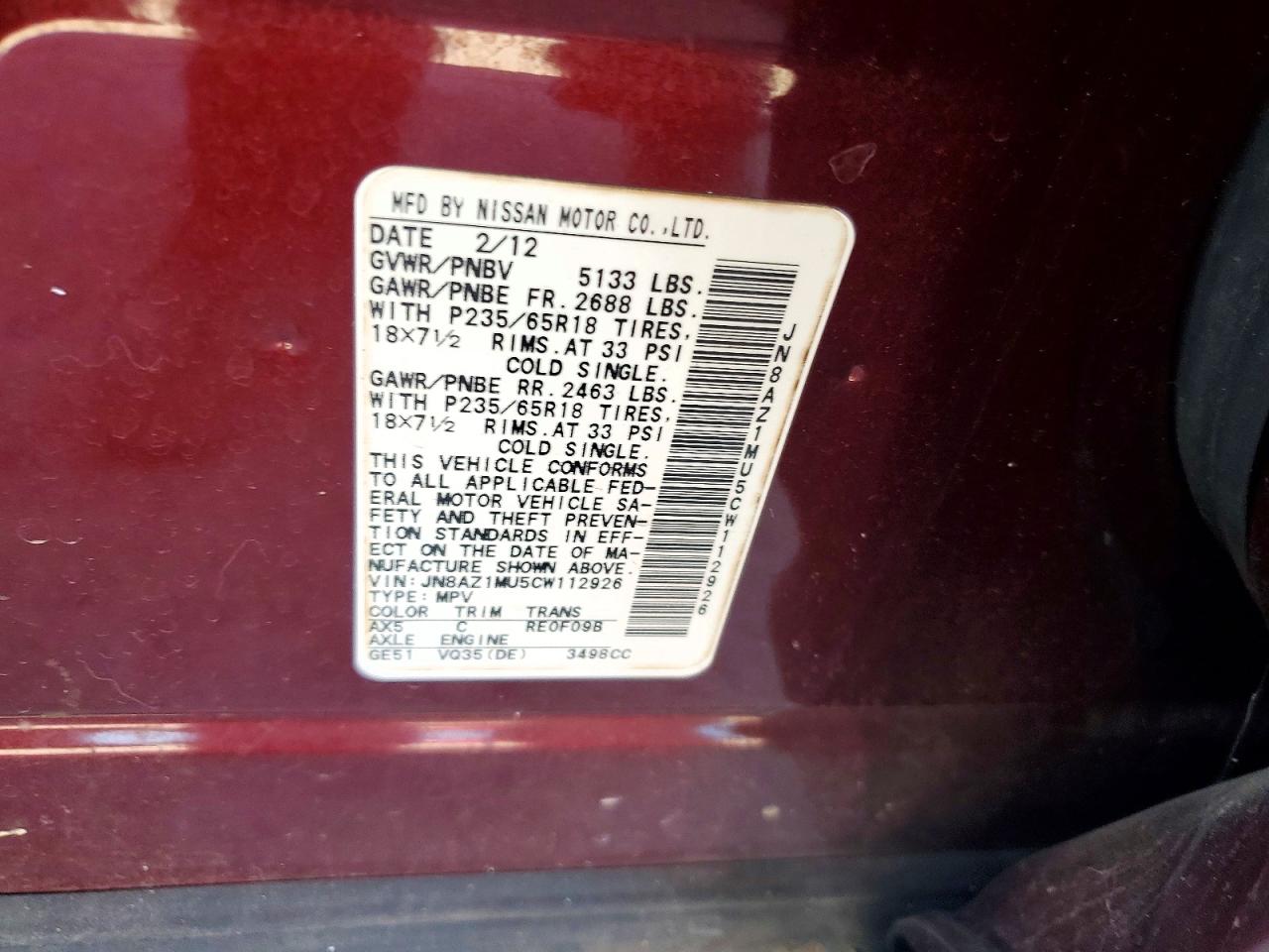 2012 Nissan Morano Maroon vin: JN8AZ1MU5CW112926