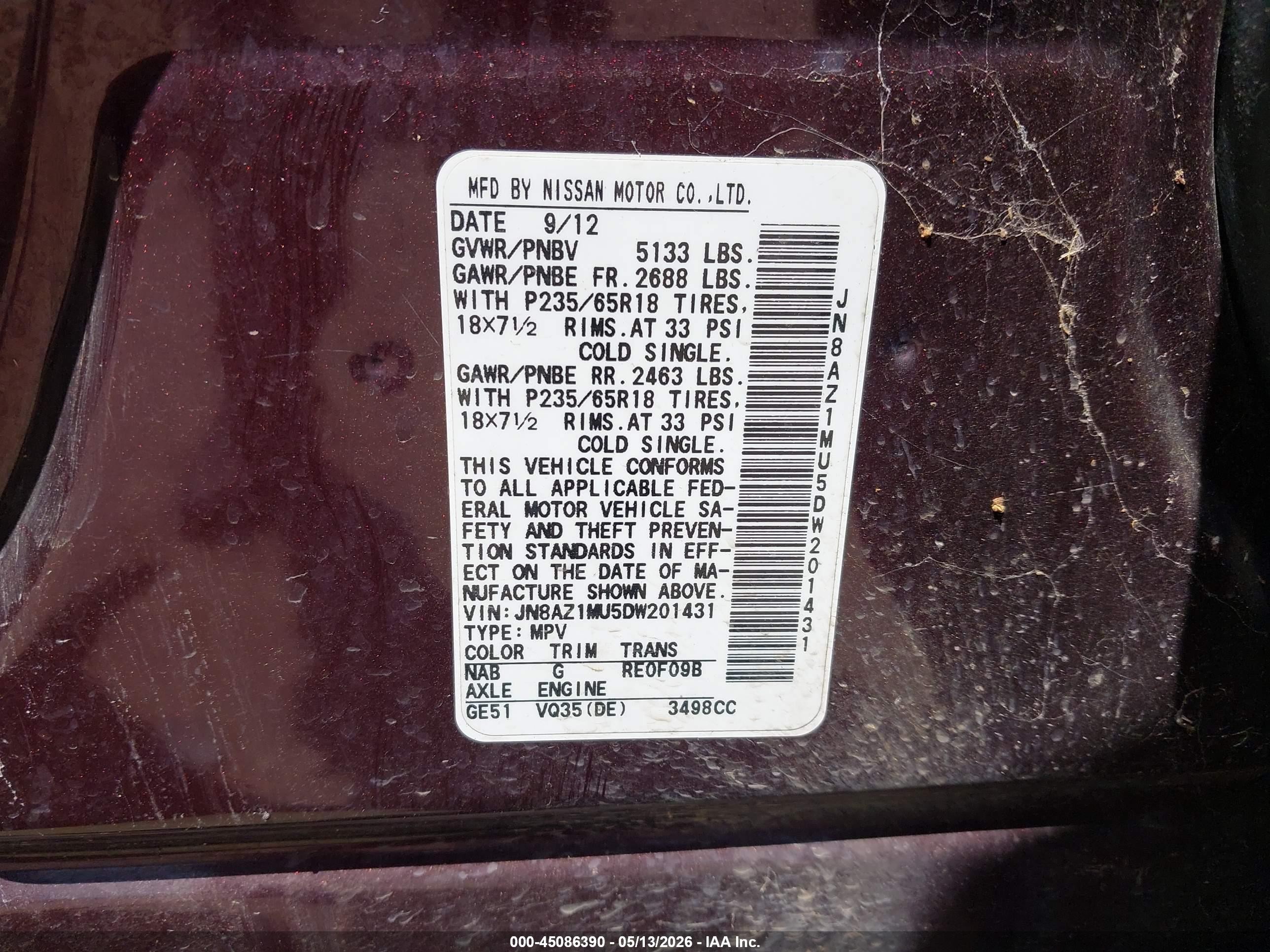 2013 Nissan Murano Sl Maroon vin: JN8AZ1MU5DW201431