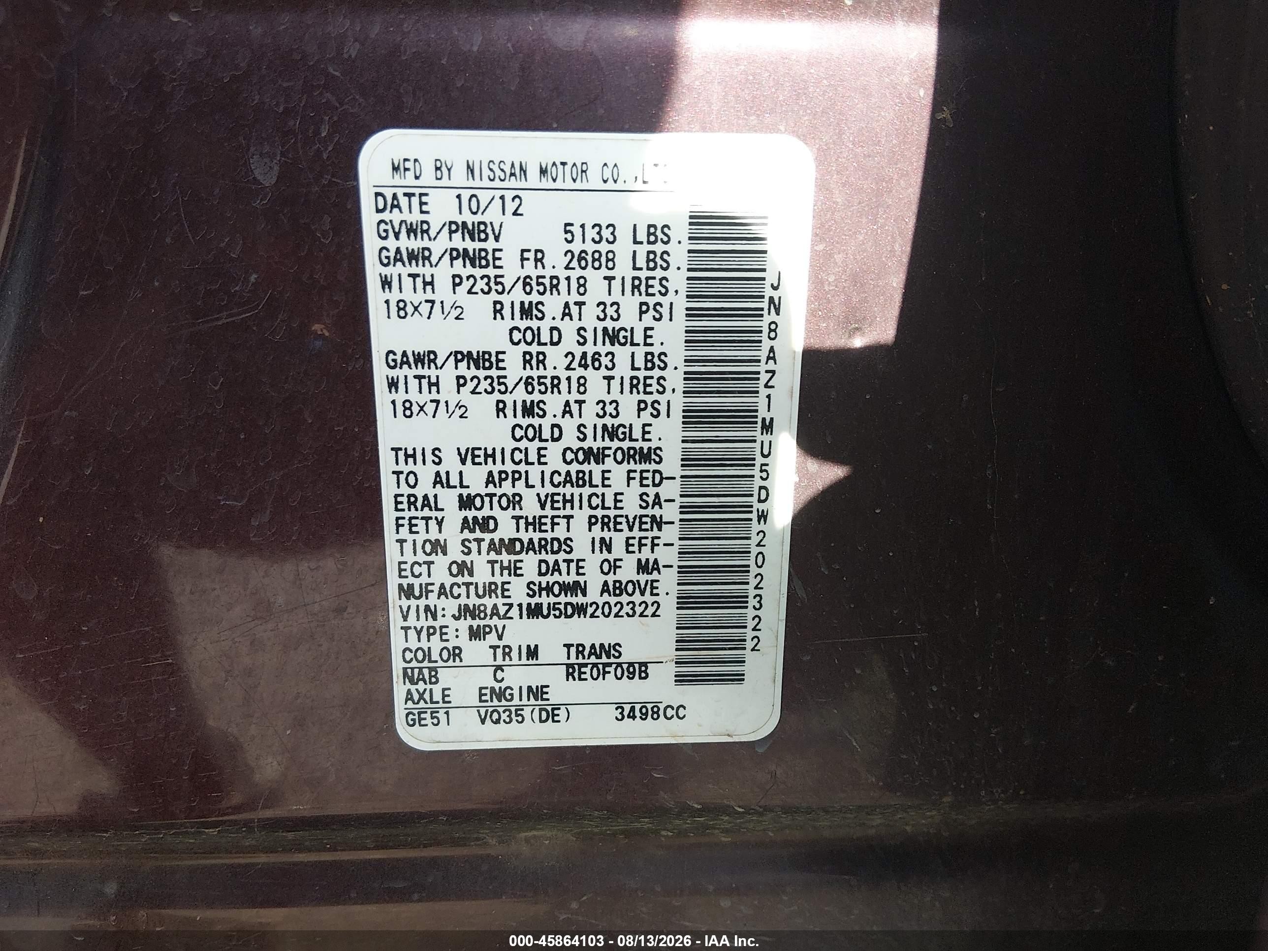 2013 Nissan Murano S Maroon vin: JN8AZ1MU5DW202322