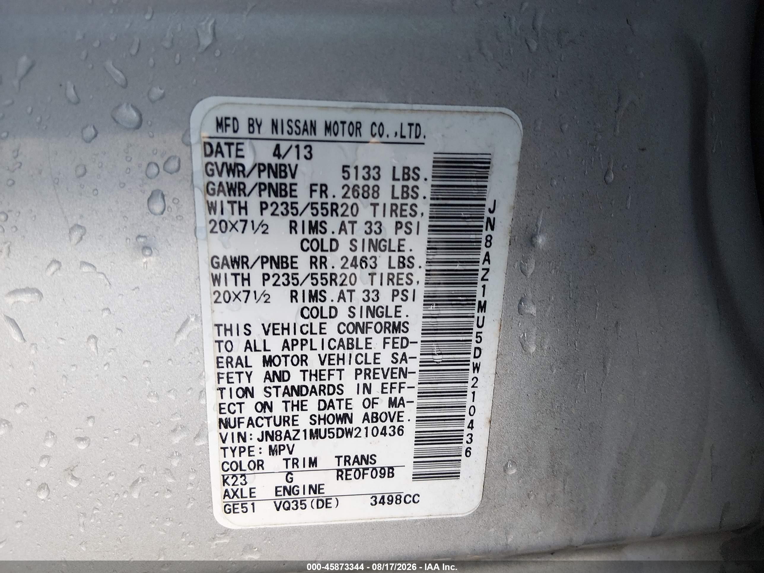 2013 Nissan Murano Le Silver vin: JN8AZ1MU5DW210436