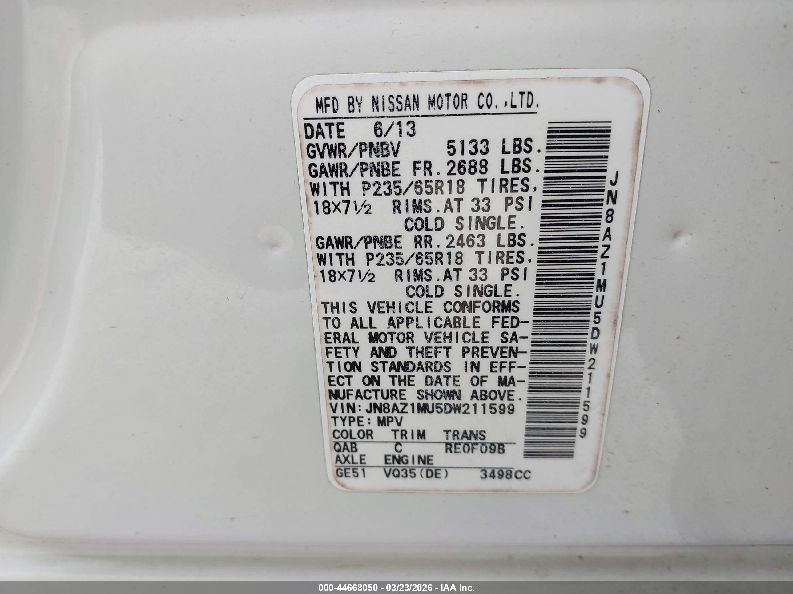 2013 Nissan Murano Sl White vin: JN8AZ1MU5DW211599