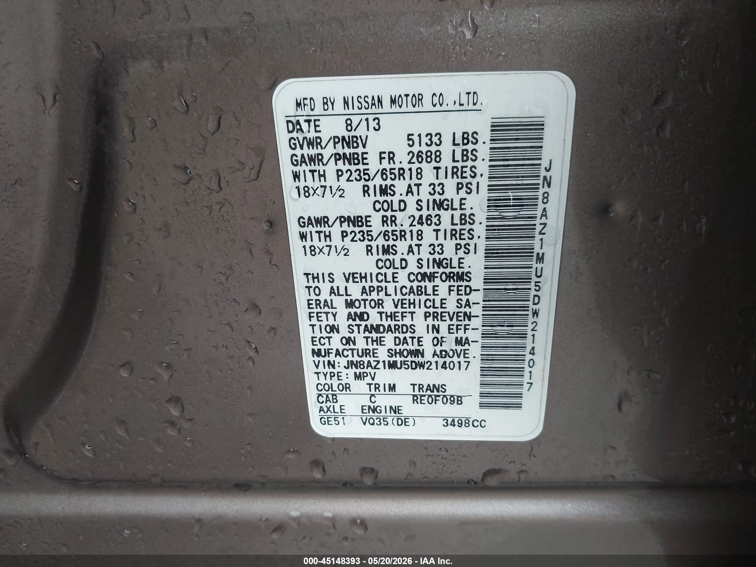 2013 Nissan Murano S Brown vin: JN8AZ1MU5DW214017
