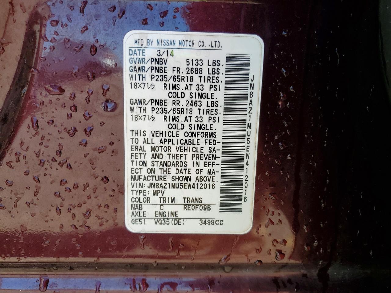 2014 Nissan Murano Sl Maroon vin: JN8AZ1MU5EW412016