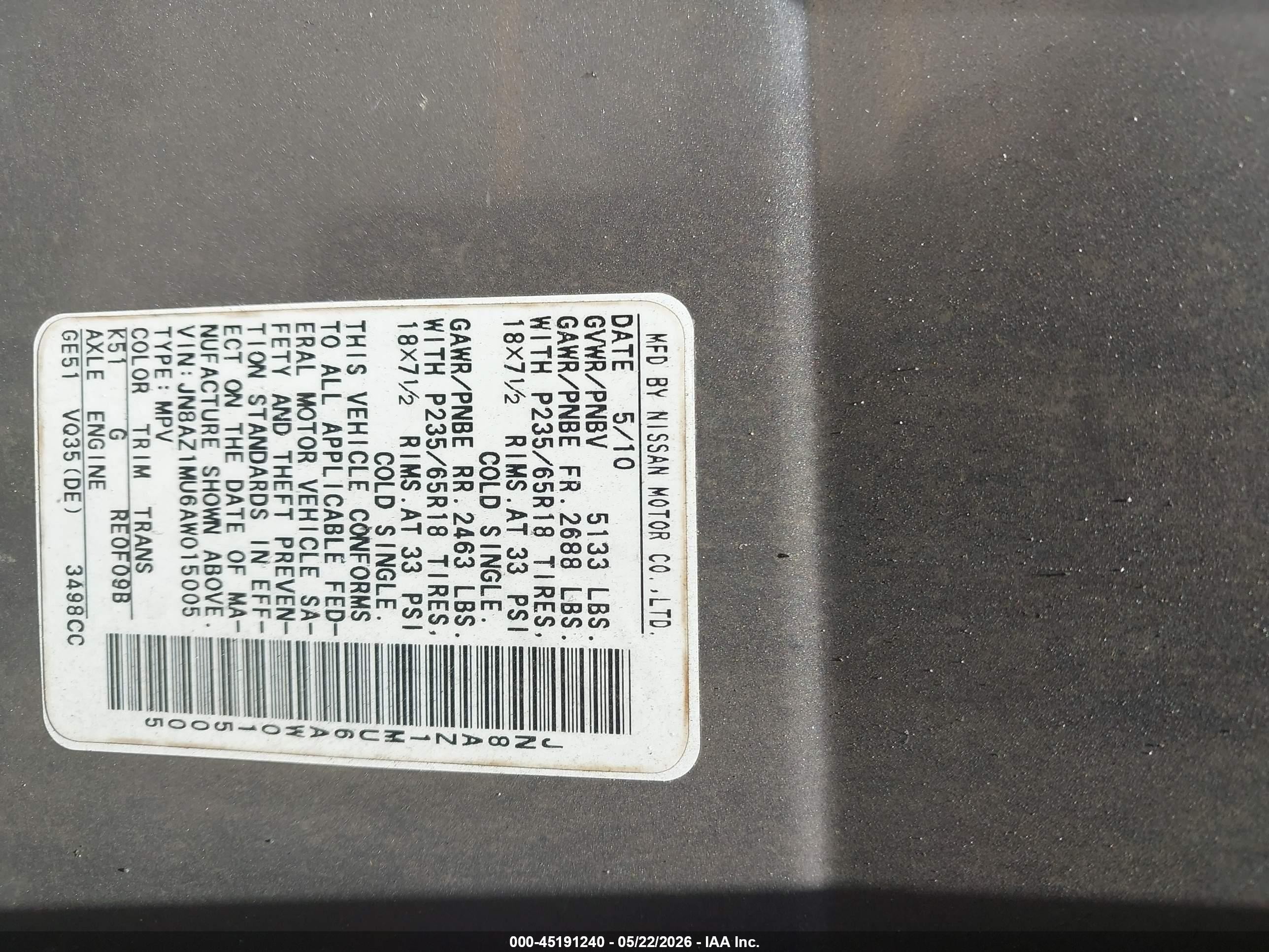 2010 Nissan Murano Sl Серебряный vin: JN8AZ1MU6AW015005