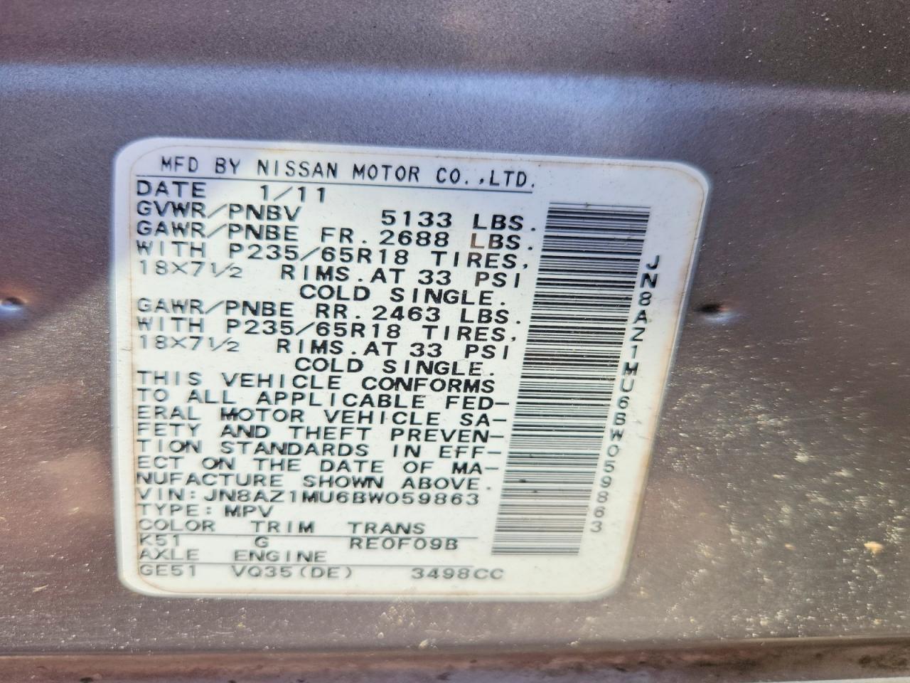 2011 Nissan Murano S Gray vin: JN8AZ1MU6BW059863