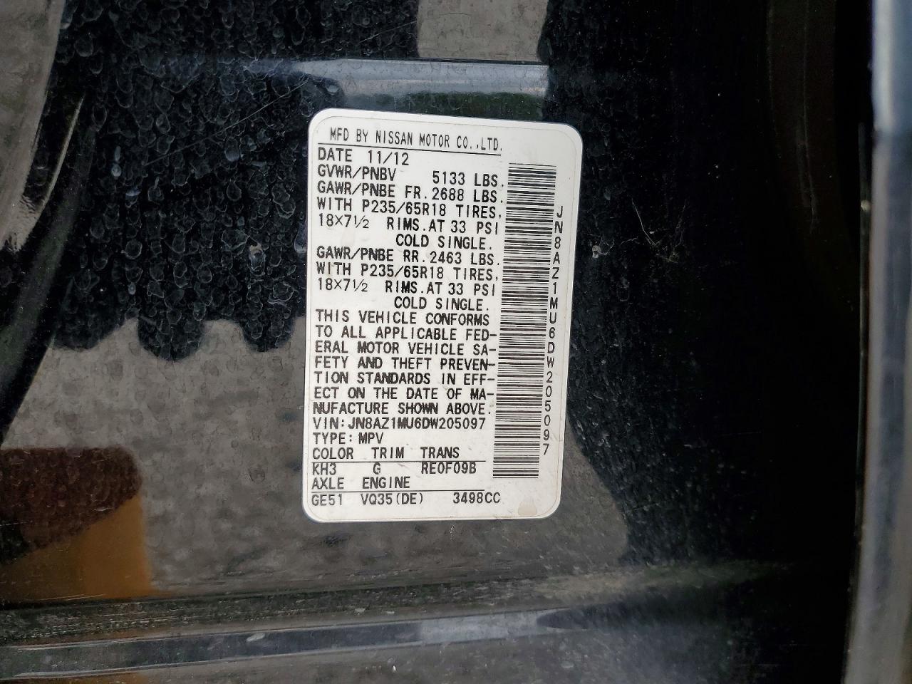 2013 Nissan Murano S Черный vin: JN8AZ1MU6DW205097