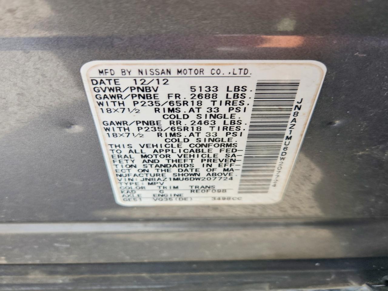 2013 Nissan Murano S Серый vin: JN8AZ1MU6DW207724