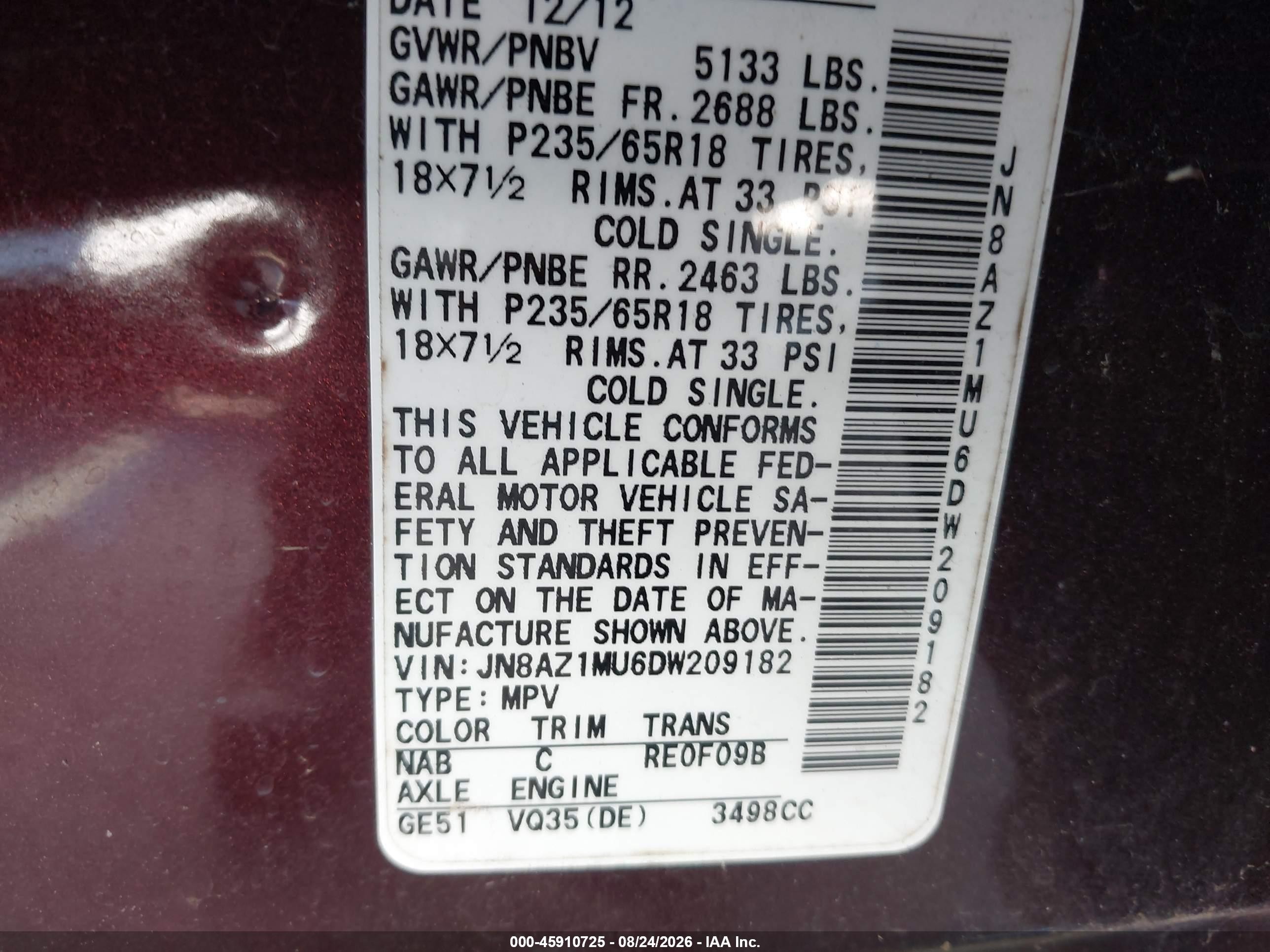 2013 Nissan Murano S Фиолетовый vin: JN8AZ1MU6DW209182