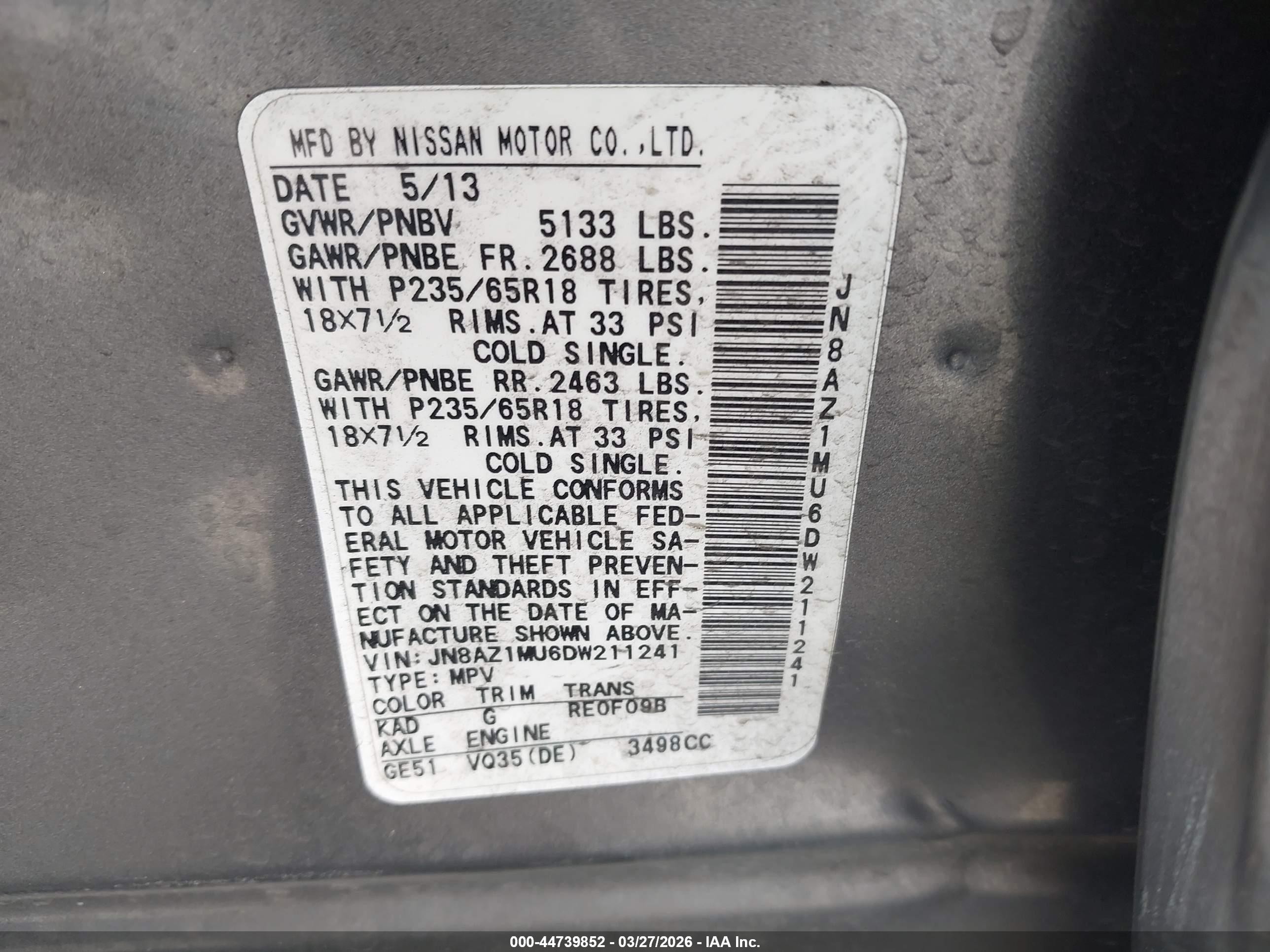 2013 Nissan Murano S Серый vin: JN8AZ1MU6DW211241