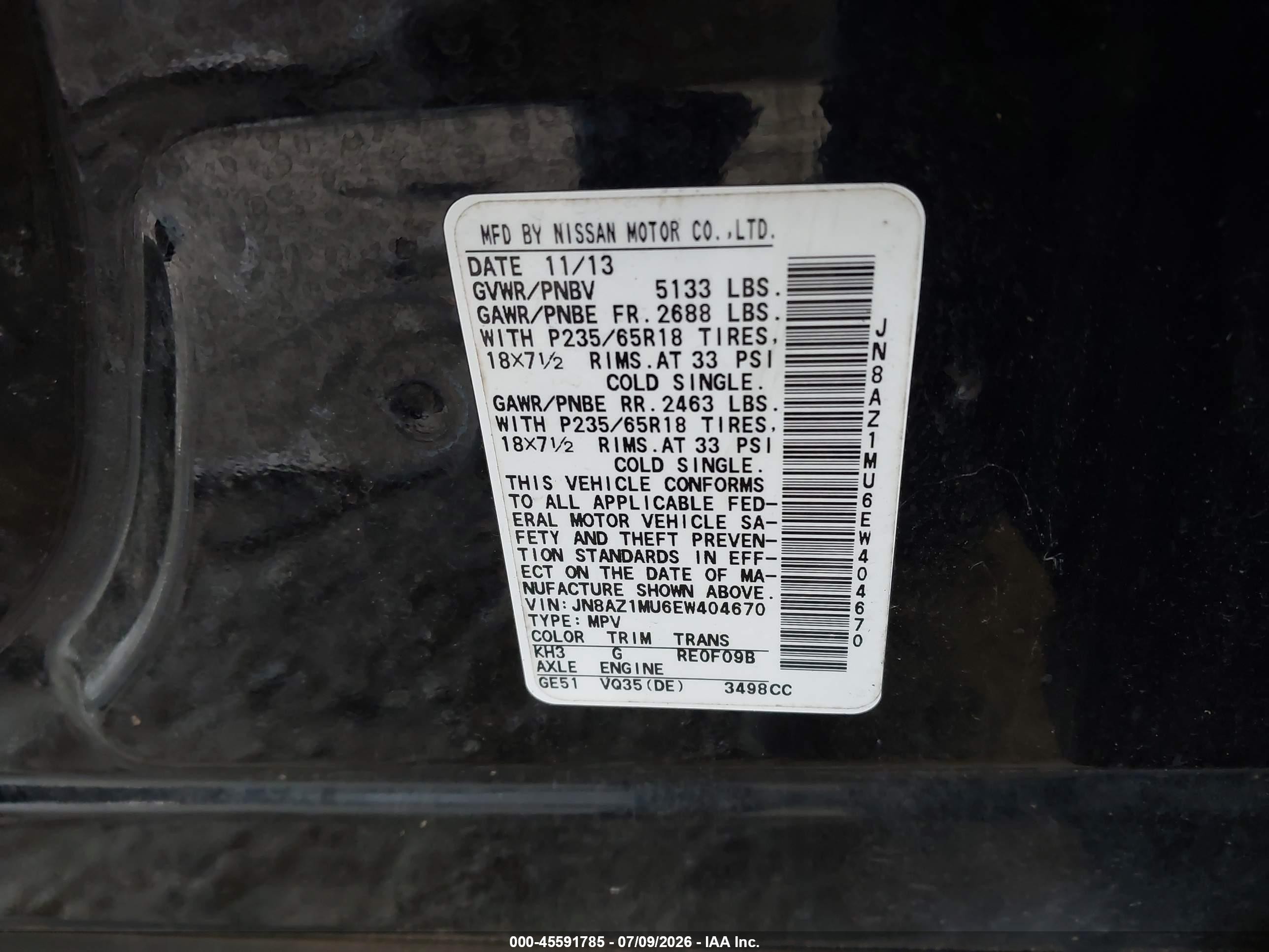 2014 Nissan Murano Sl Black vin: JN8AZ1MU6EW404670