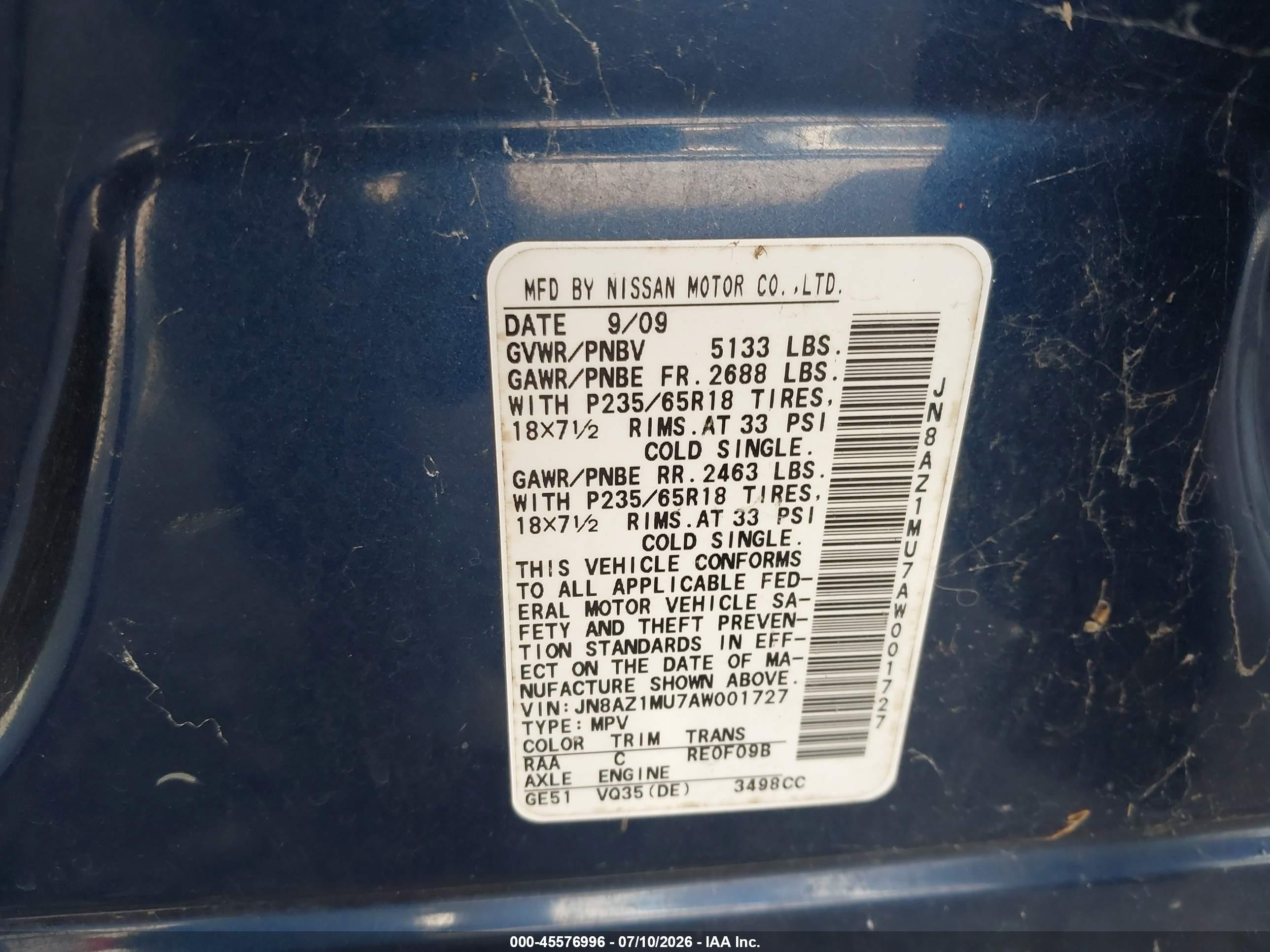 2010 Nissan Murano Sl Blue vin: JN8AZ1MU7AW001727