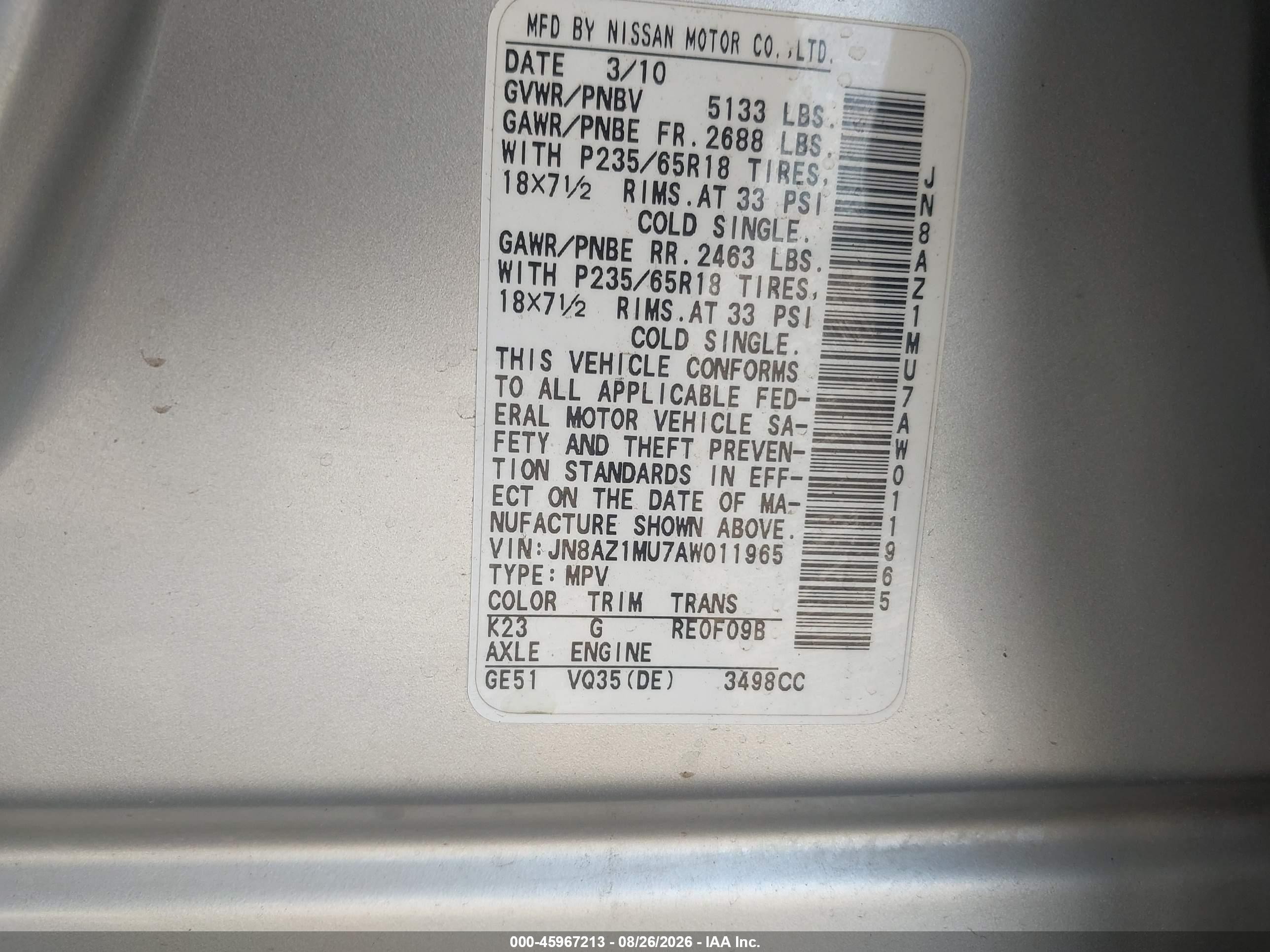 2010 Nissan Murano S Gray vin: JN8AZ1MU7AW011965