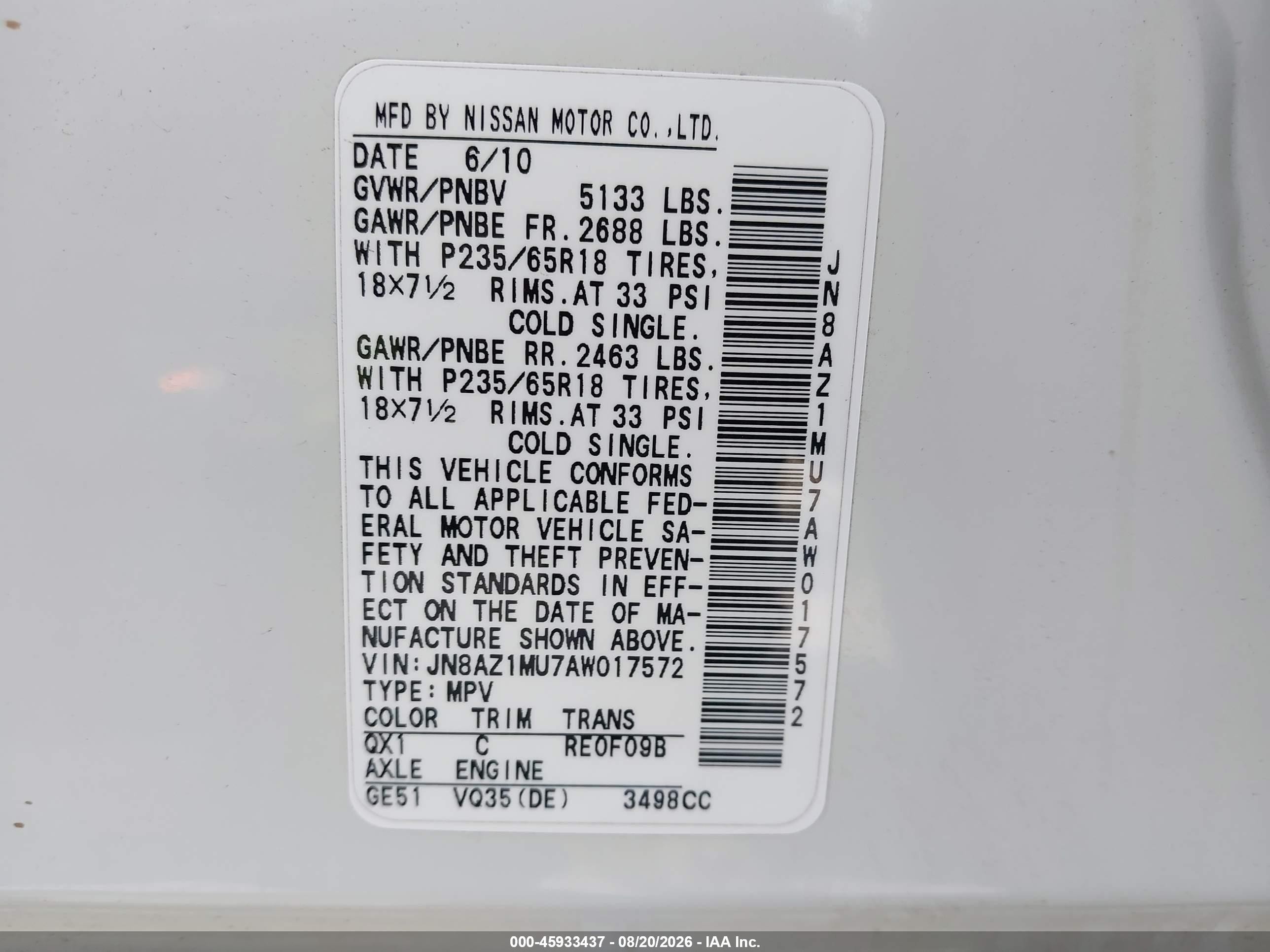 2010 Nissan Murano S White vin: JN8AZ1MU7AW017572