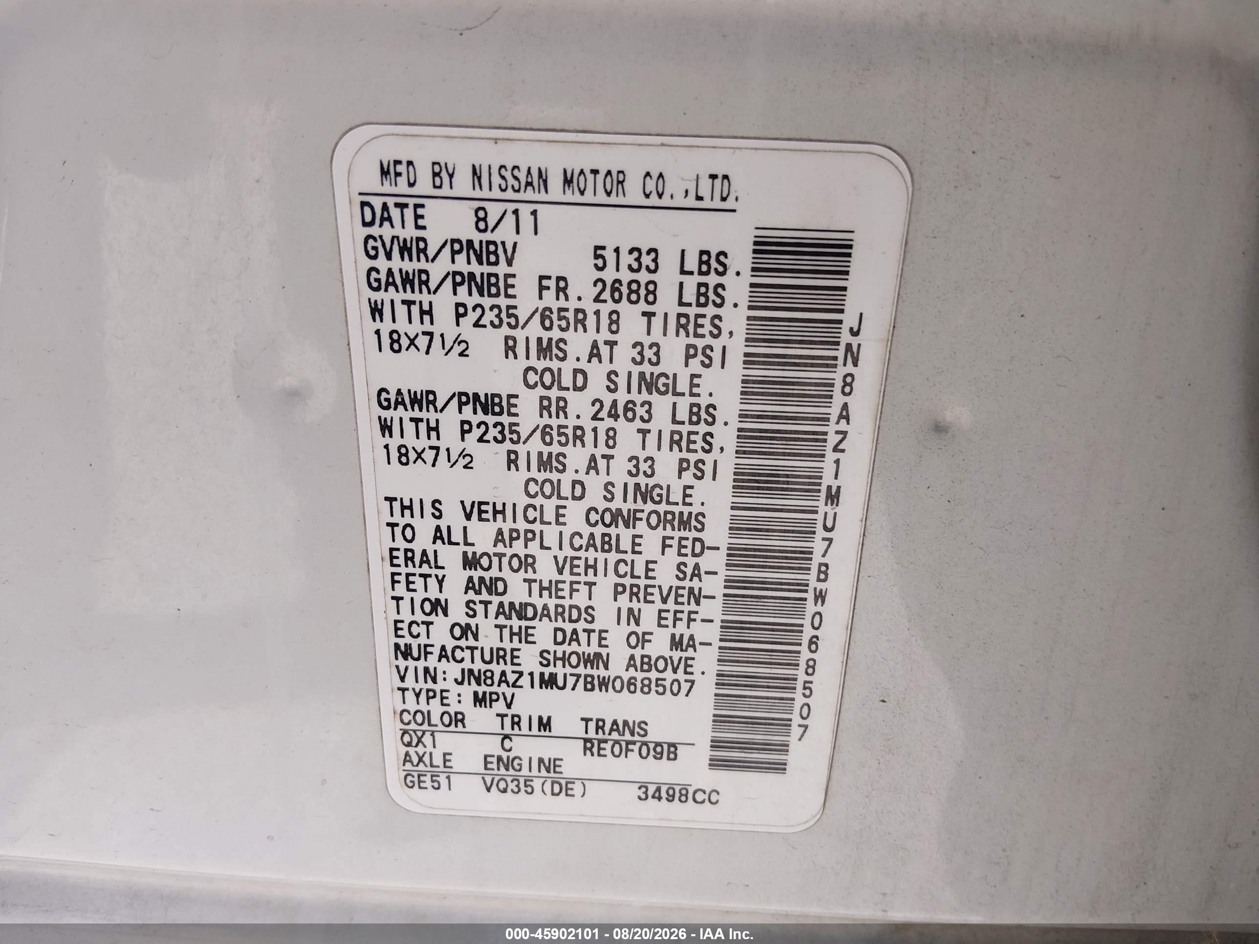 2011 Nissan Murano Sl White vin: JN8AZ1MU7BW068507