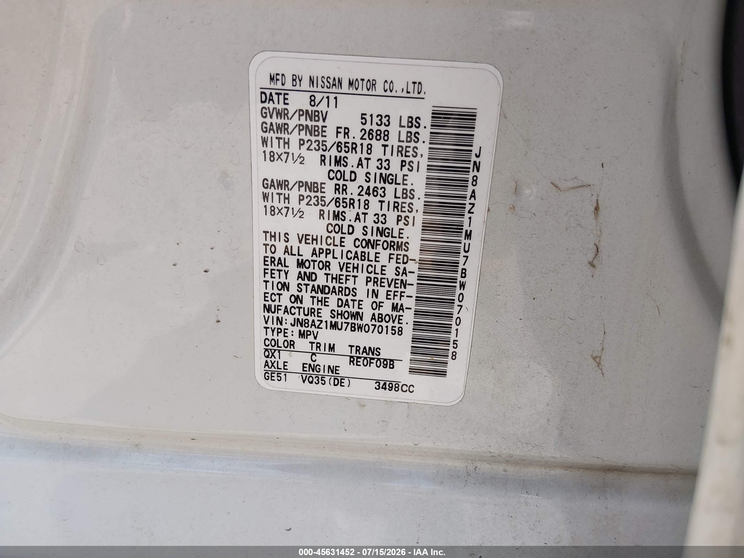 2011 Nissan Murano Sl White vin: JN8AZ1MU7BW070158