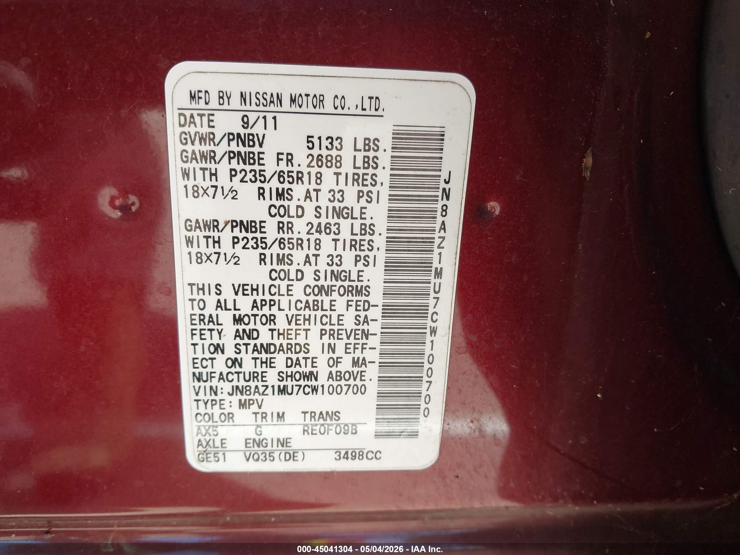 2012 Nissan Murano S Maroon vin: JN8AZ1MU7CW100700