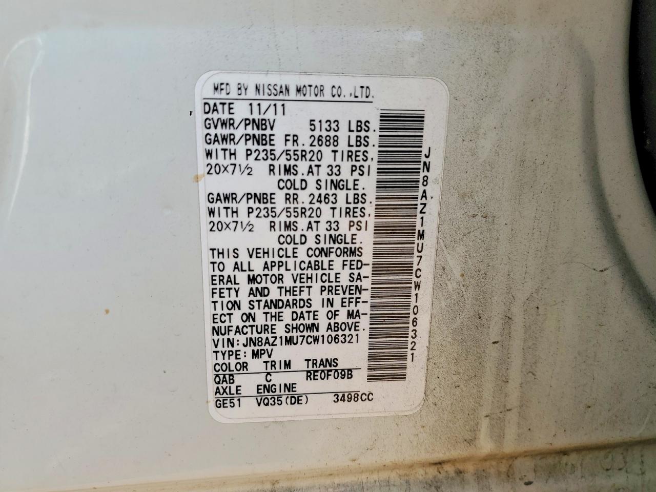2012 Nissan Murano S White vin: JN8AZ1MU7CW106321
