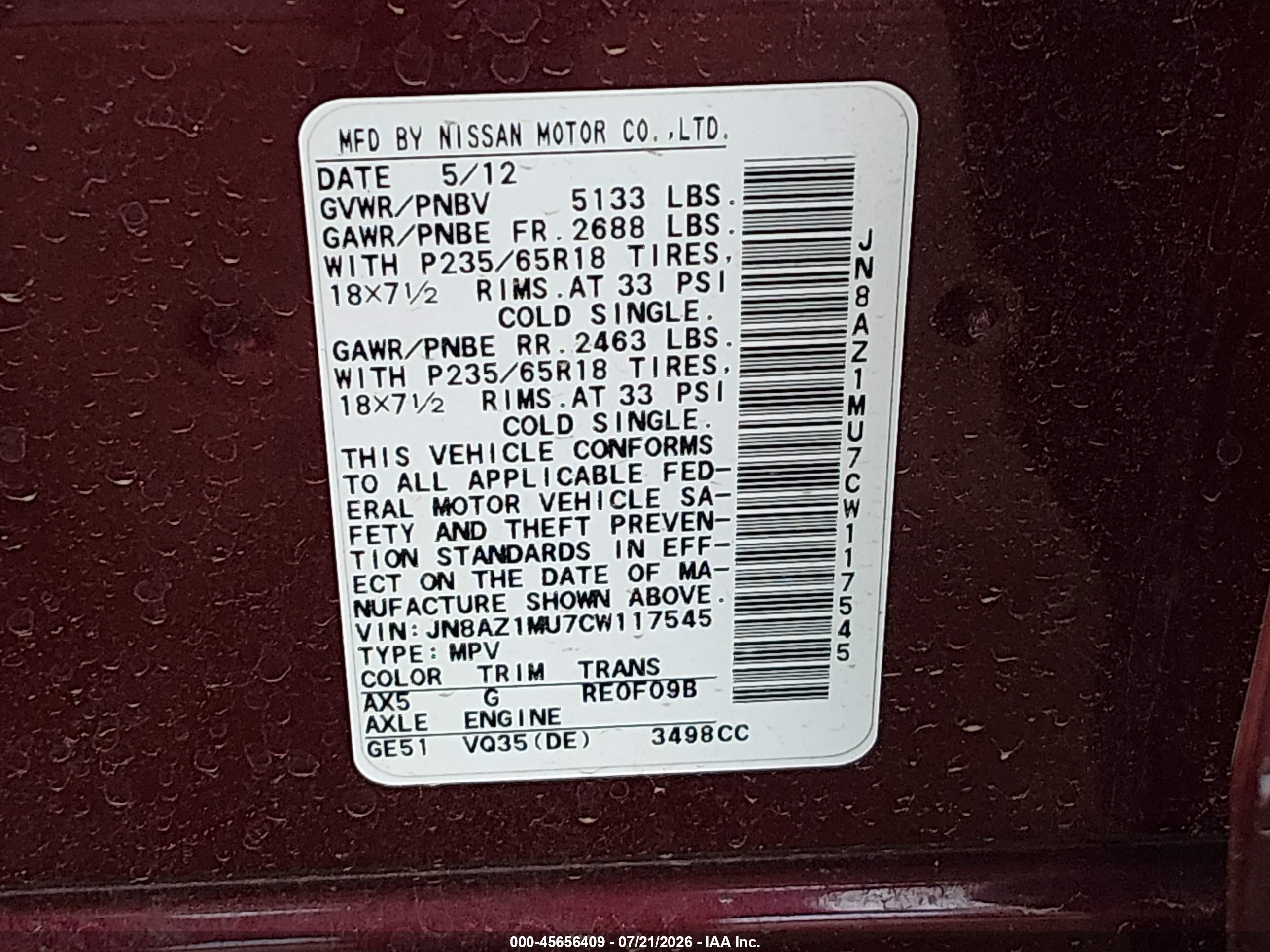 2012 Nissan Murano S Maroon vin: JN8AZ1MU7CW117545