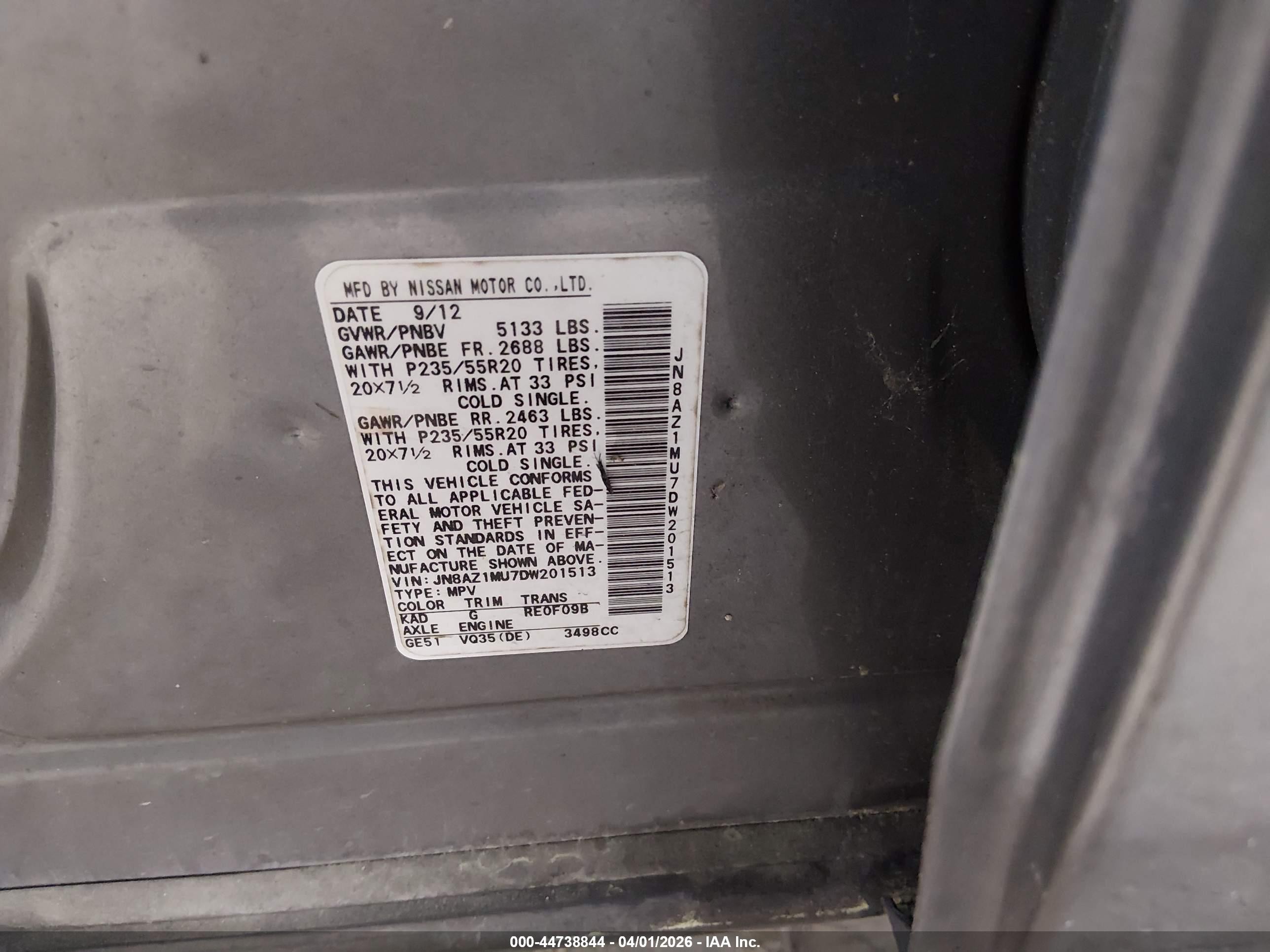 2013 Nissan Murano Le Серый vin: JN8AZ1MU7DW201513