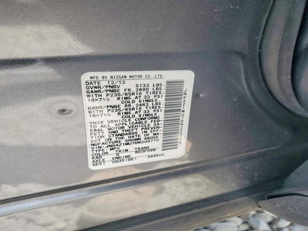 2013 Nissan Murano S Gray vin: JN8AZ1MU7DW208770