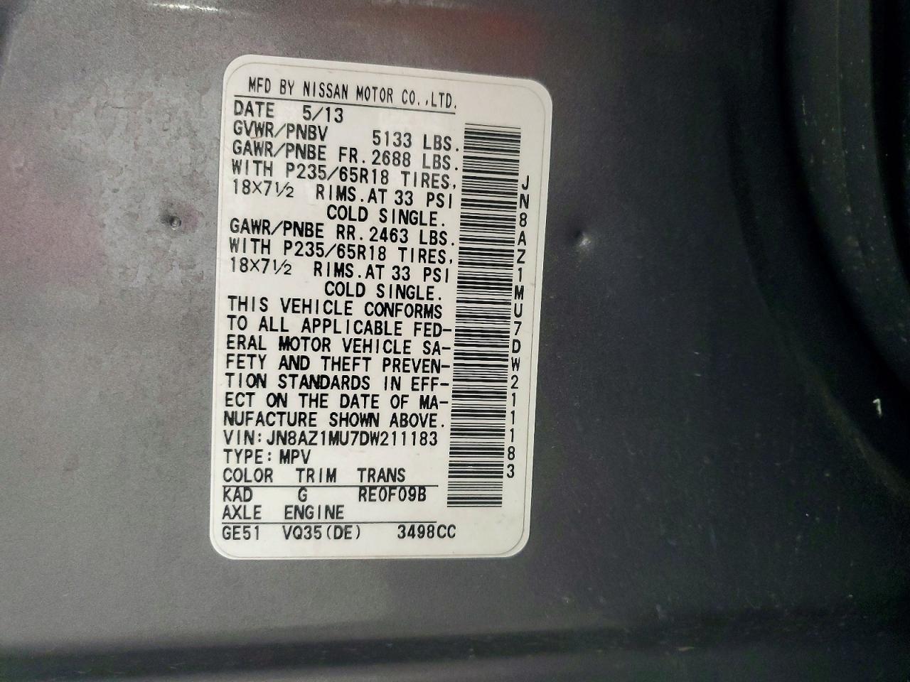 2013 Nissan Murano S Gray vin: JN8AZ1MU7DW211183