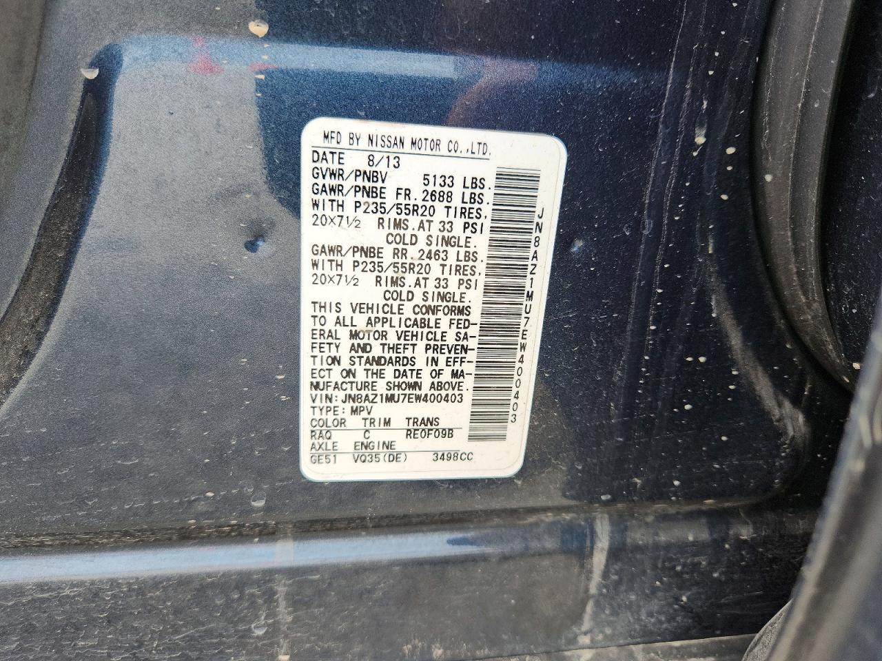 2014 Nissan Murano Le Blue vin: JN8AZ1MU7EW400403