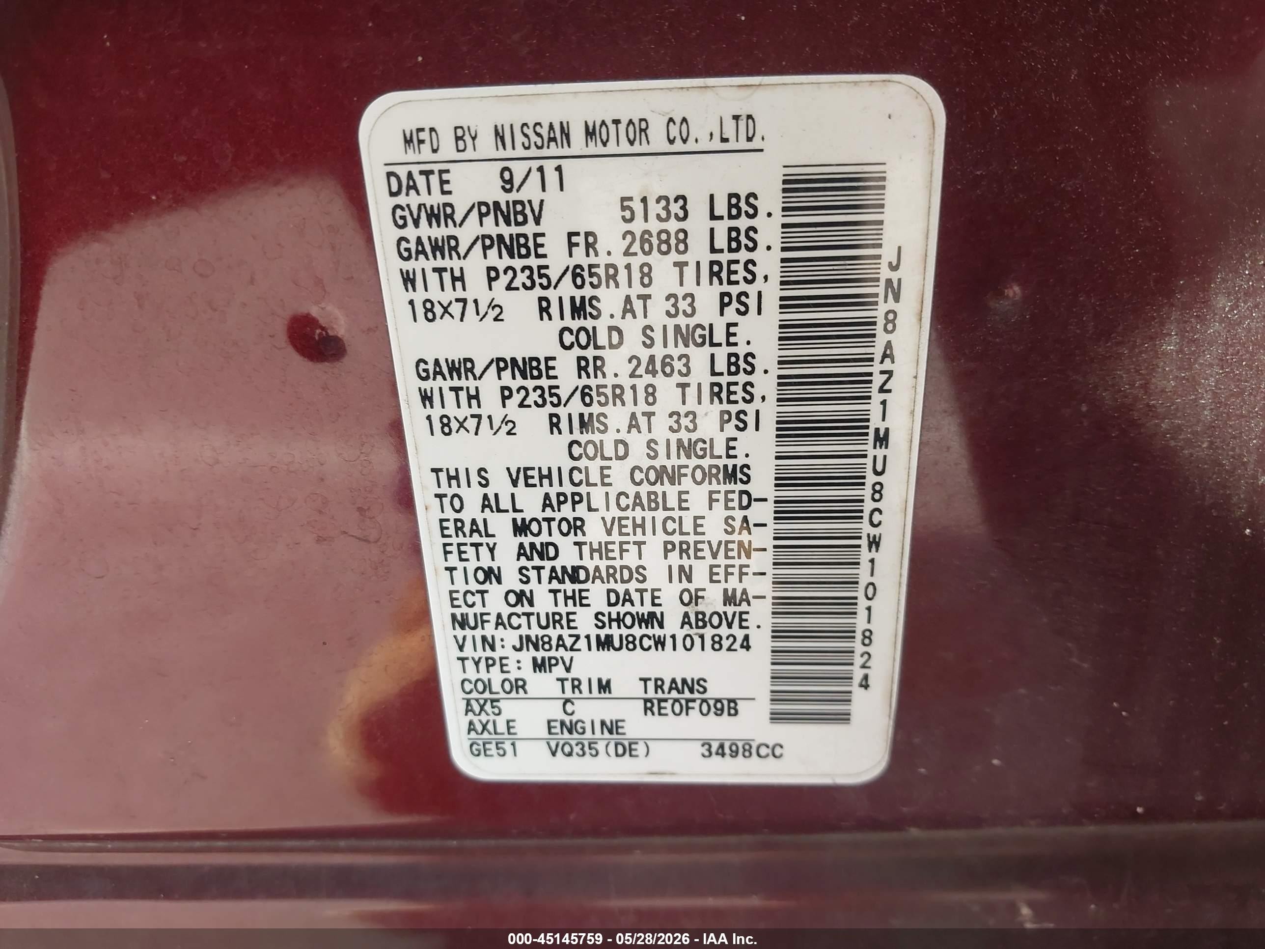2012 Nissan Murano Sl Brown vin: JN8AZ1MU8CW101824