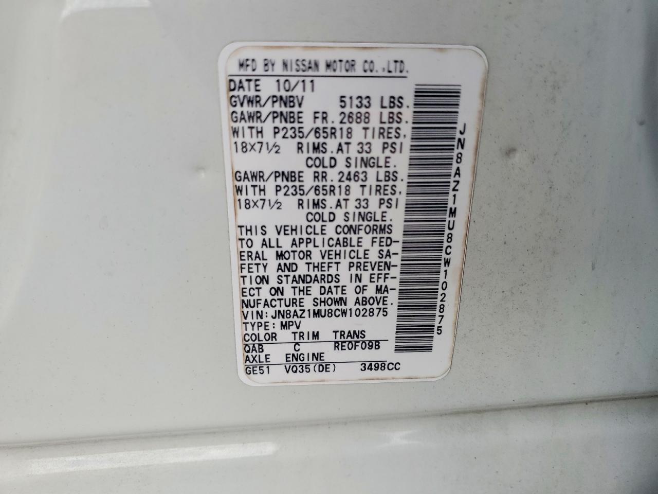 2012 Nissan Murano S Белый vin: JN8AZ1MU8CW102875