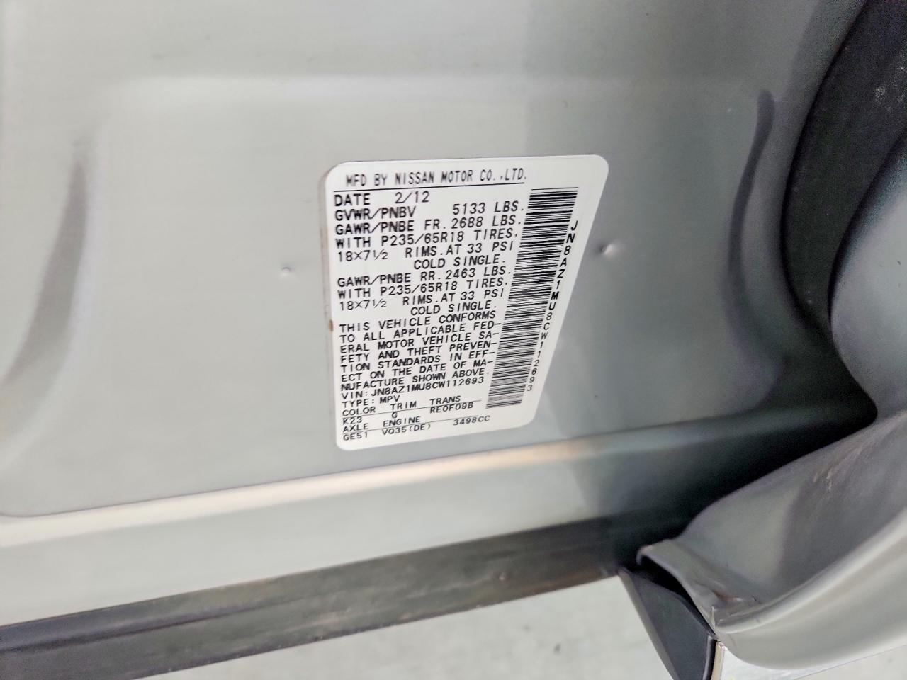 2012 Nissan Murano Sl Silver vin: JN8AZ1MU8CW112693
