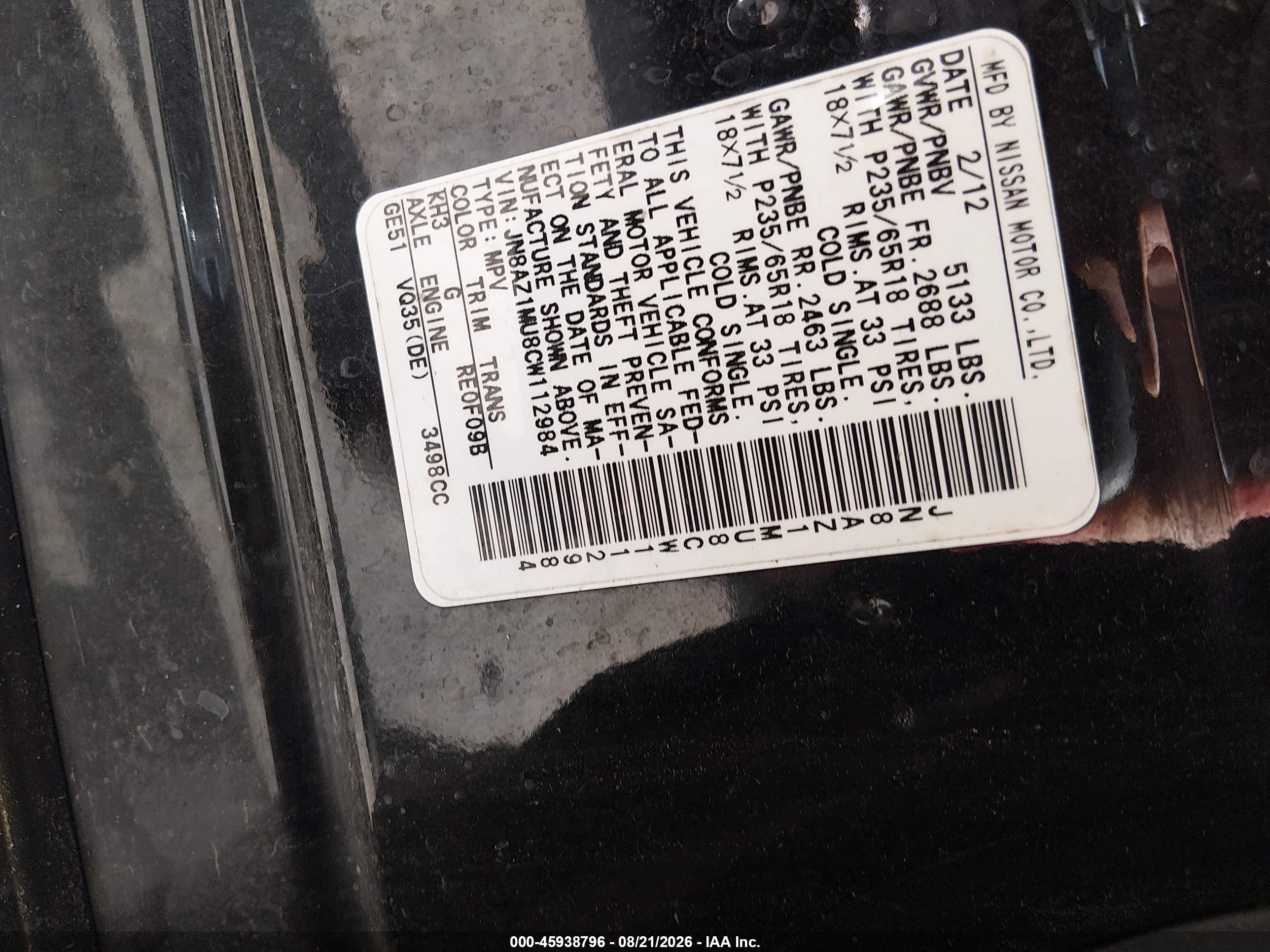 2012 Nissan Murano Sl Black vin: JN8AZ1MU8CW112984