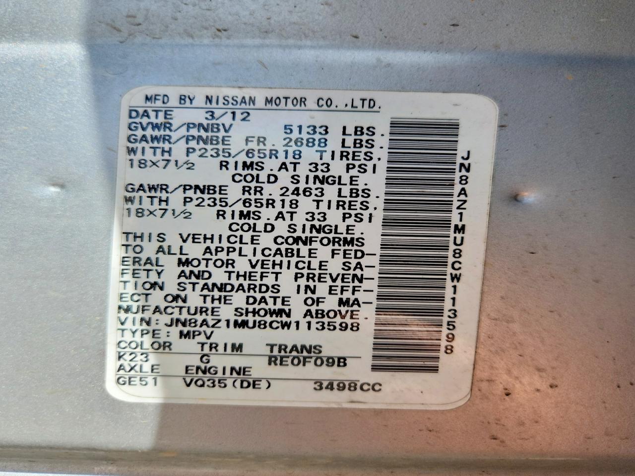 2012 Nissan Murano S Серебряный vin: JN8AZ1MU8CW113598