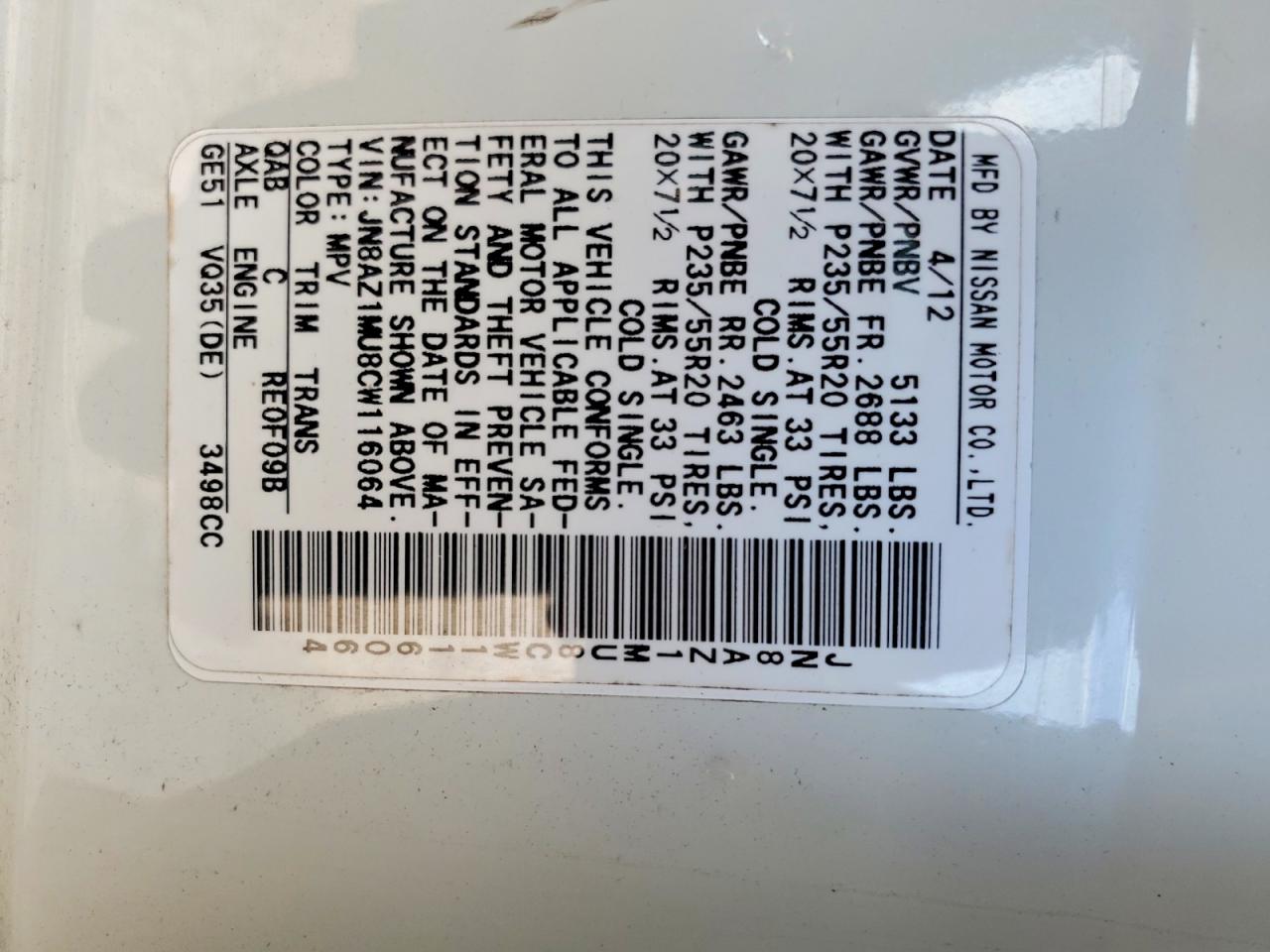 2012 Nissan Murano S White vin: JN8AZ1MU8CW116064