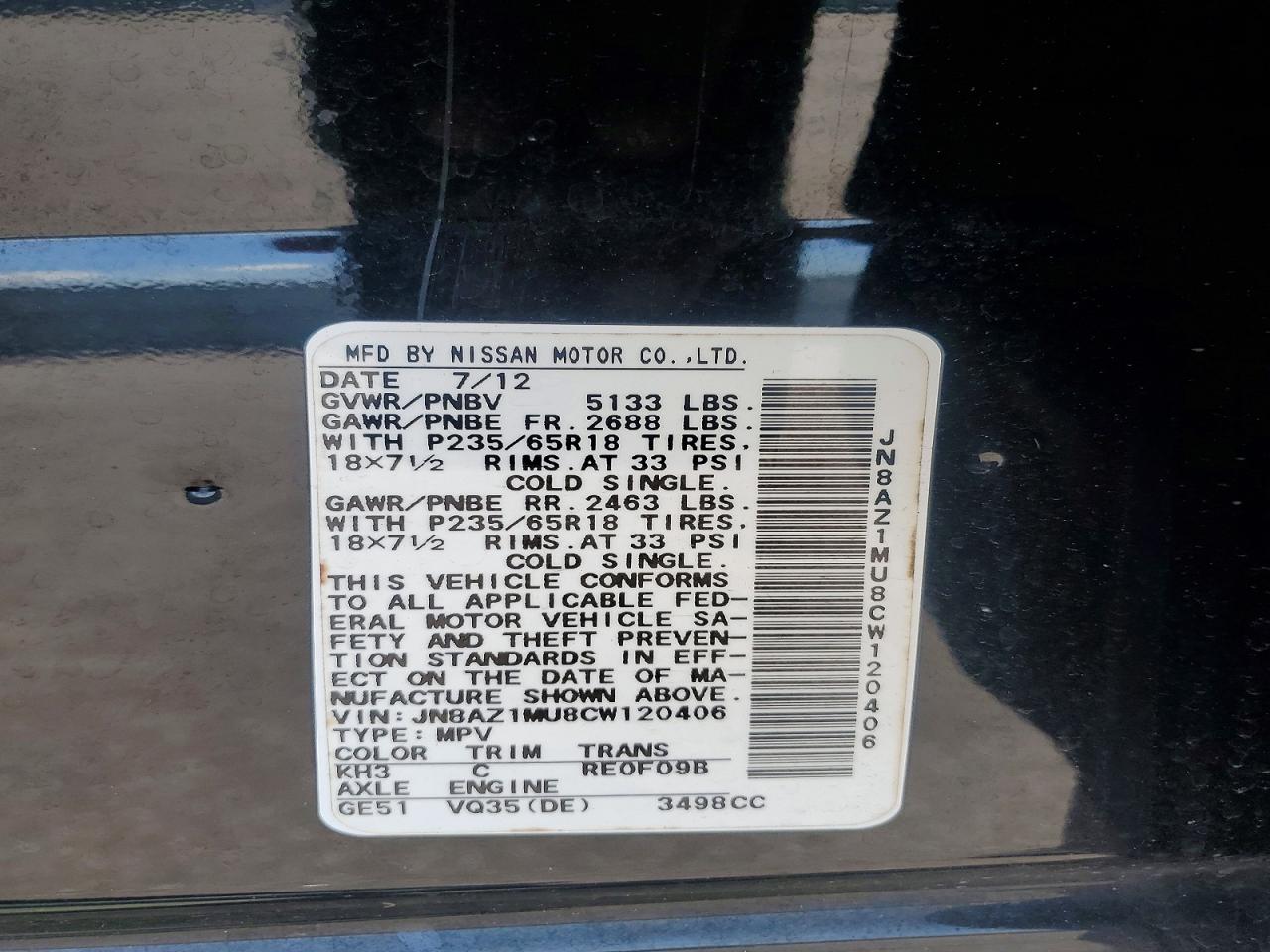 2012 Nissan Murano S Black vin: JN8AZ1MU8CW120406