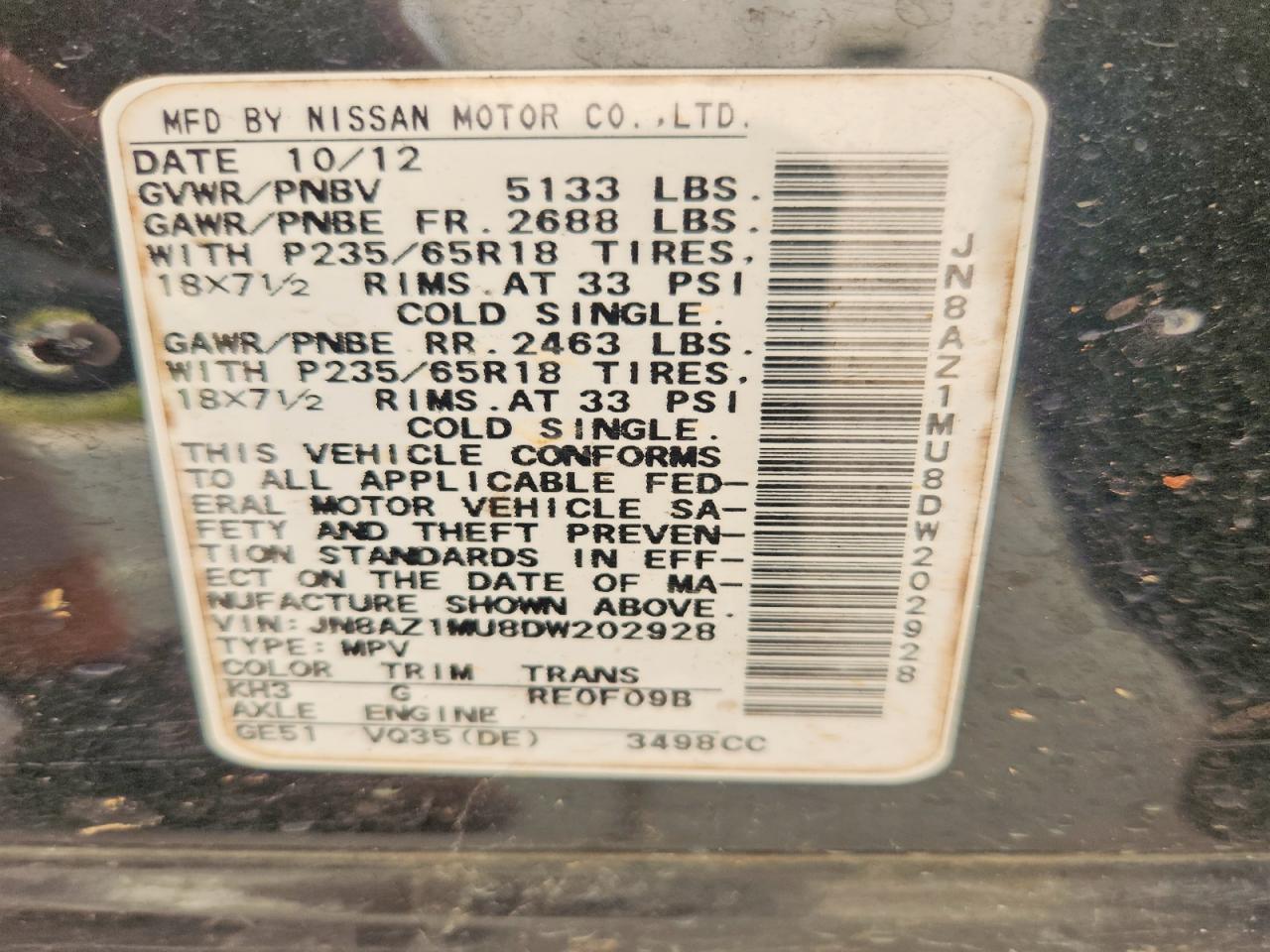 2013 Nissan Murano S Черный vin: JN8AZ1MU8DW202928