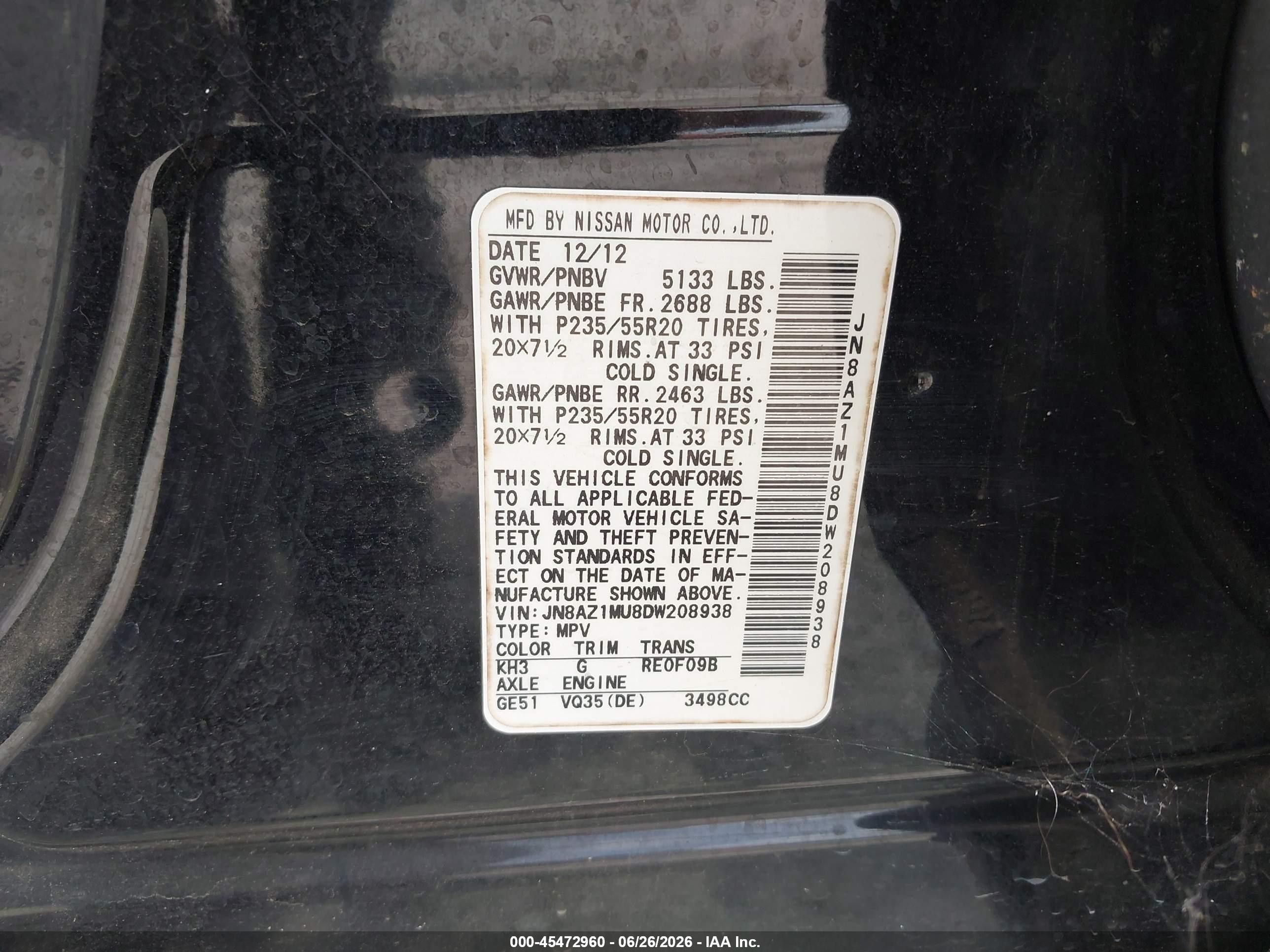 2013 Nissan Murano Le Black vin: JN8AZ1MU8DW208938