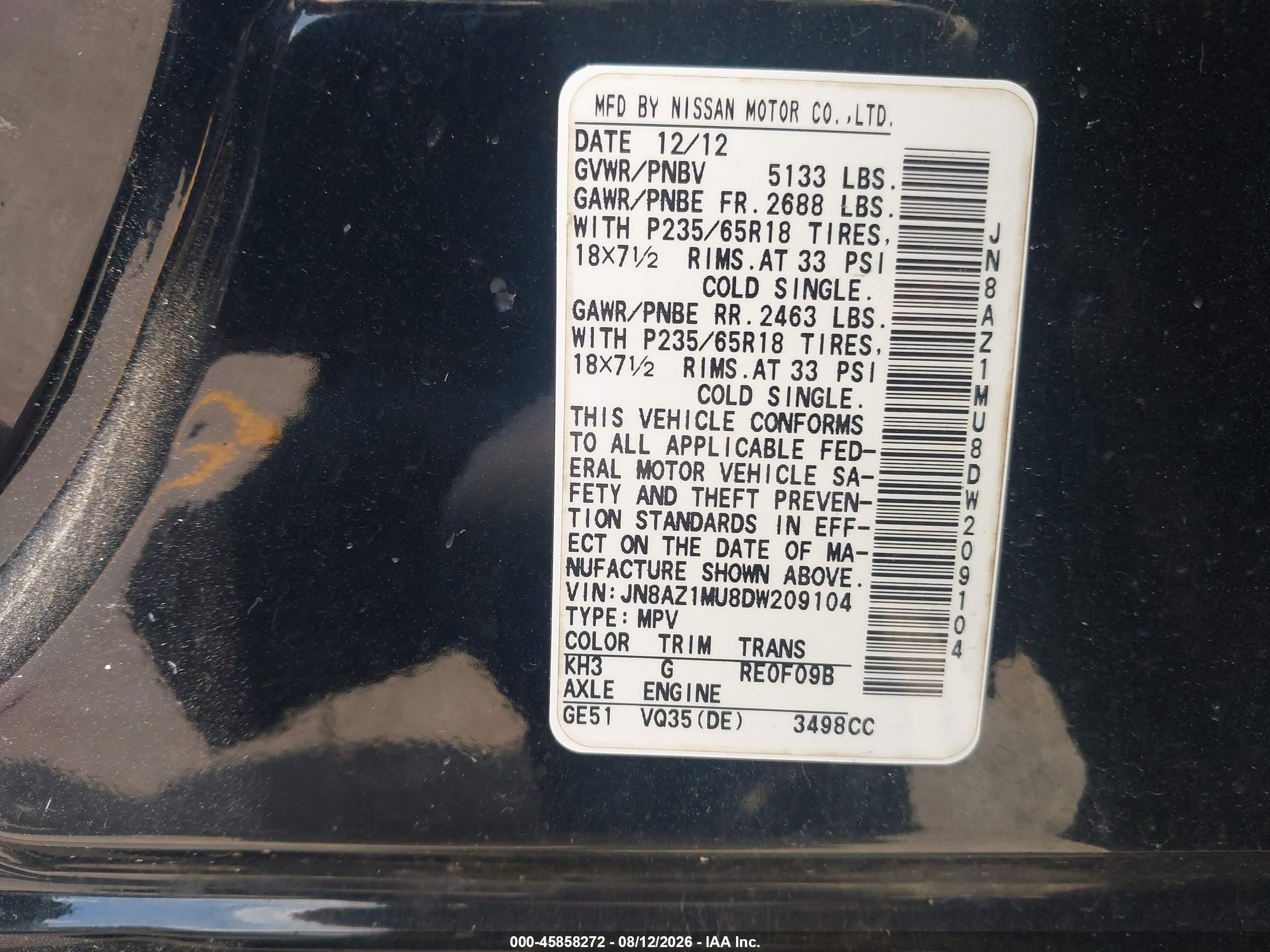 2013 Nissan Murano Sl Black vin: JN8AZ1MU8DW209104