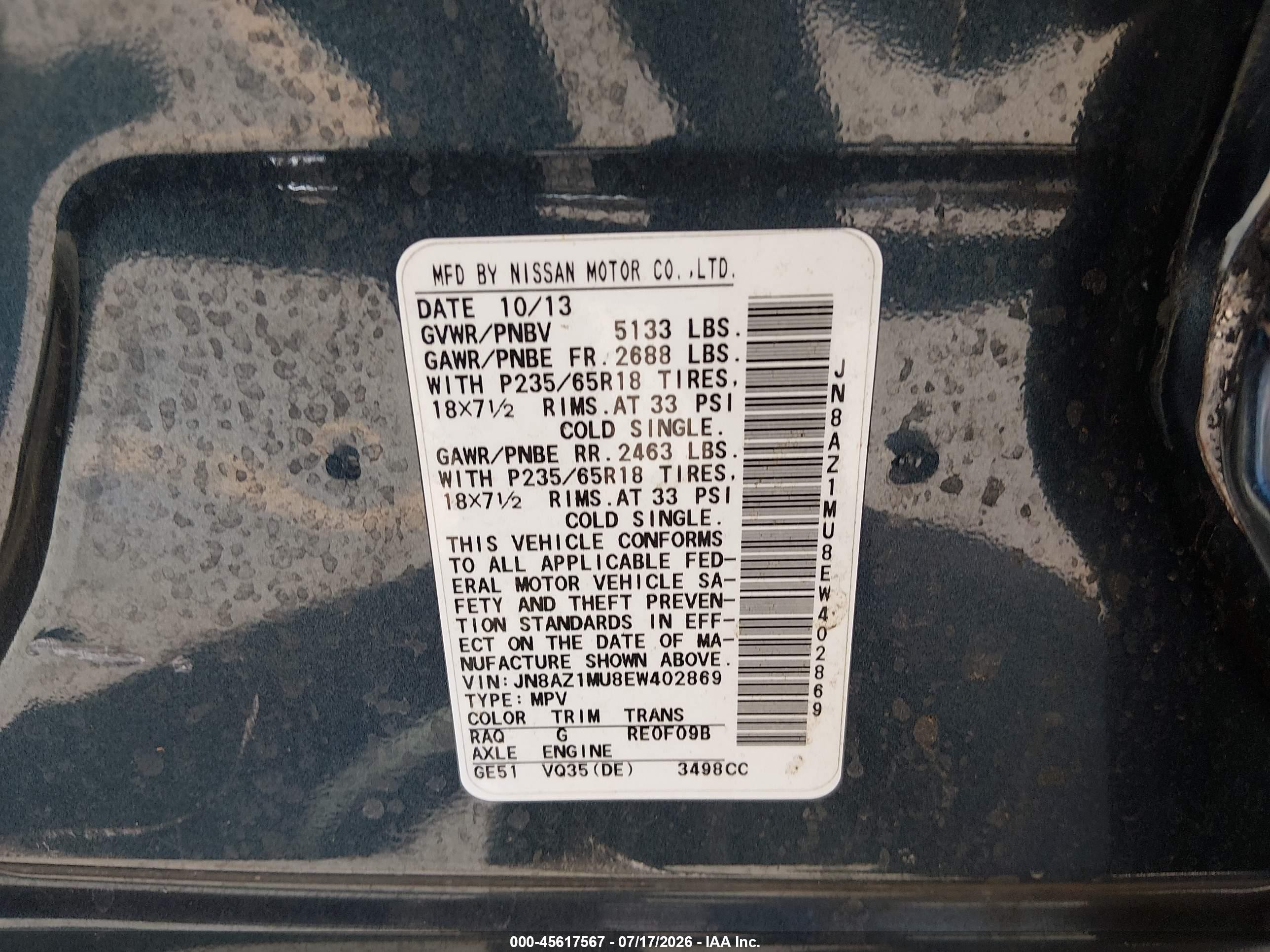 2014 Nissan Murano Sv Gray vin: JN8AZ1MU8EW402869