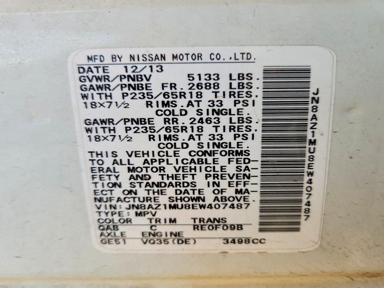 2014 Nissan Murano S White vin: JN8AZ1MU8EW407487