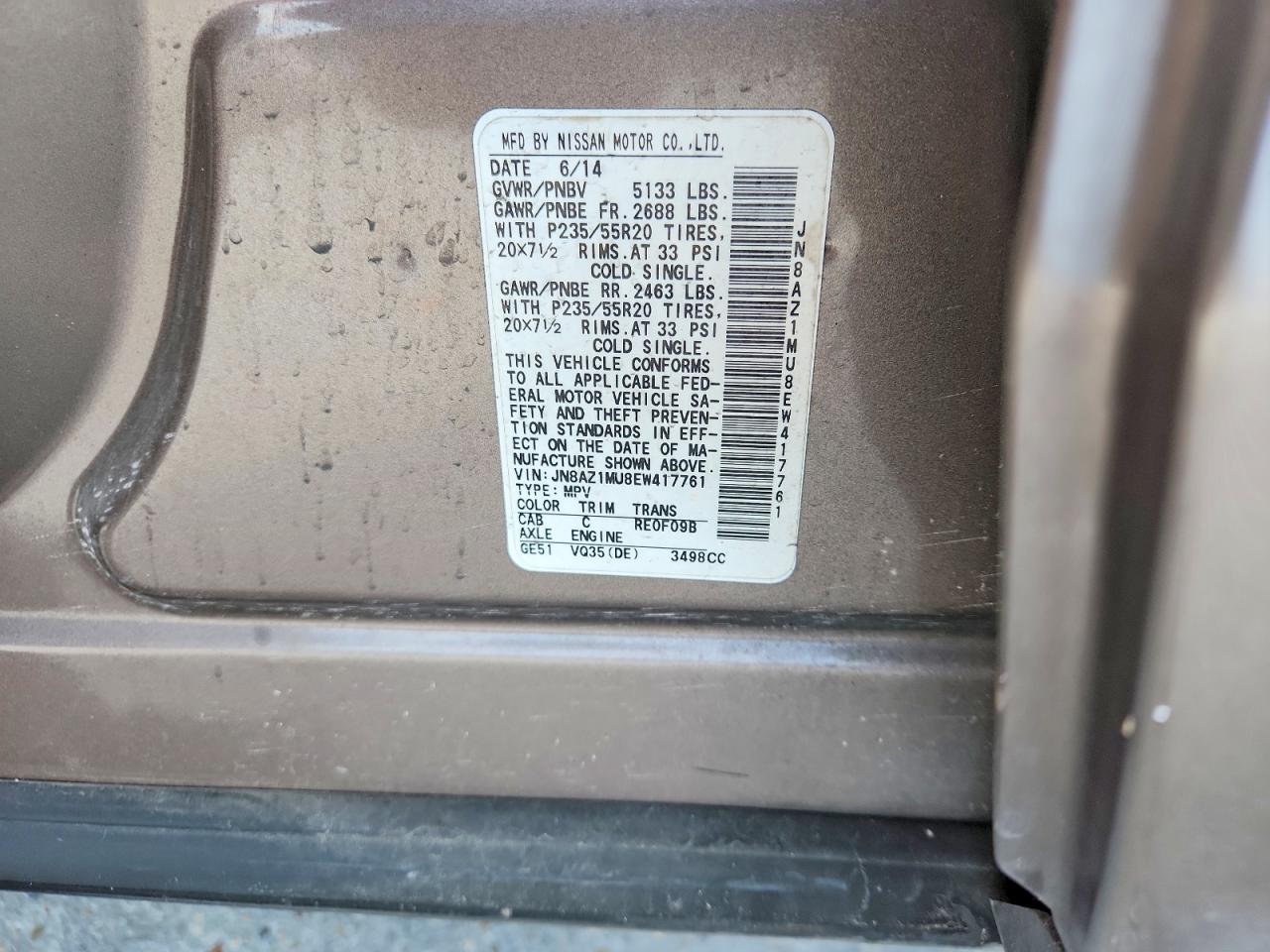2014 Nissan Murano Le Tan vin: JN8AZ1MU8EW417761