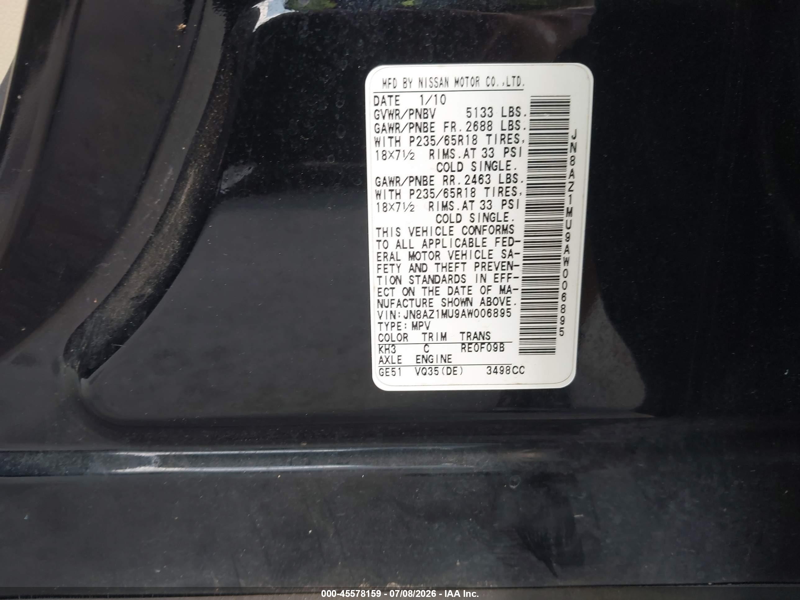2010 Nissan Murano Sl Черный vin: JN8AZ1MU9AW006895