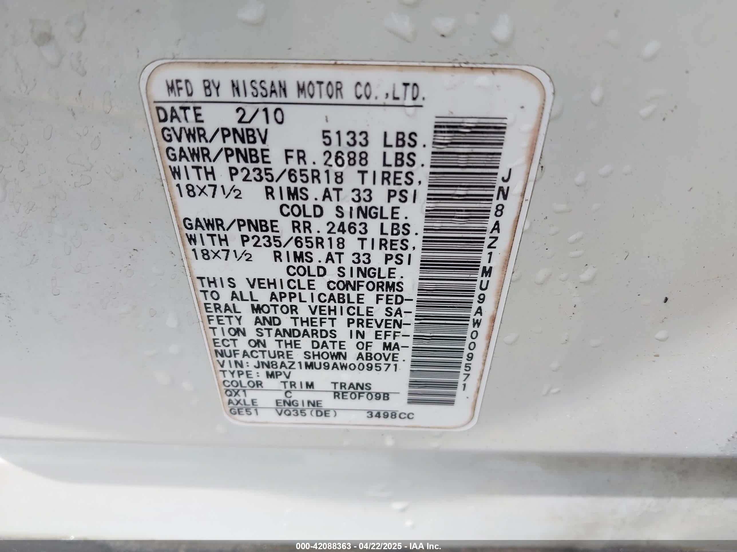 2010 Nissan Murano Sl Белый vin: JN8AZ1MU9AW009571